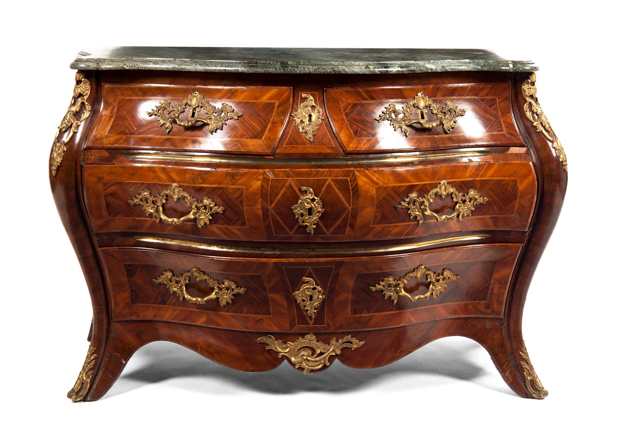 A Louis XV Style Parquetry and Gilt Bronze Mahogany Commode, Height 32 x width 72 x depth 23 inches.