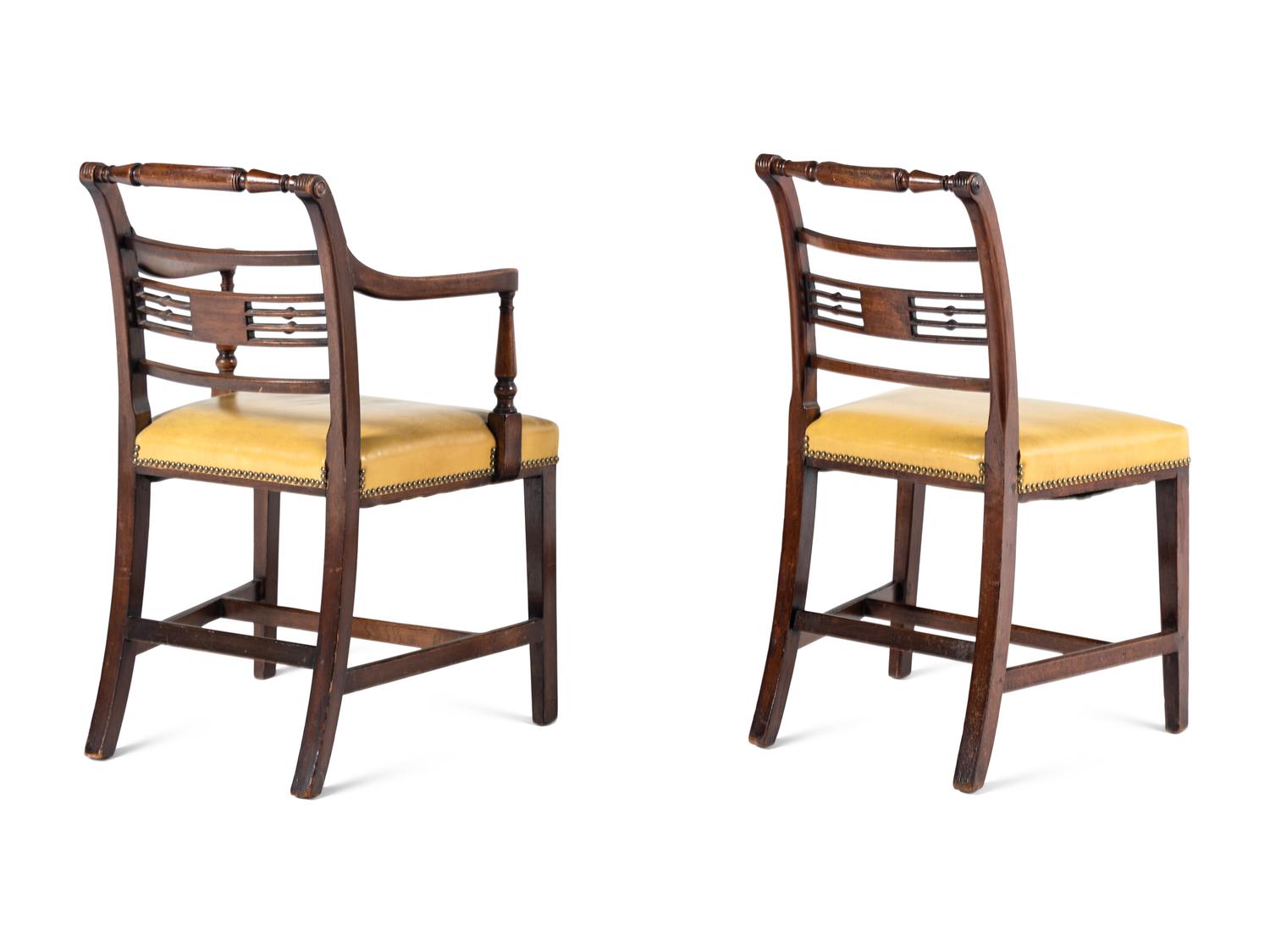 A Set of Six George III Mahogany Leather-Upholstered Dining Chairs