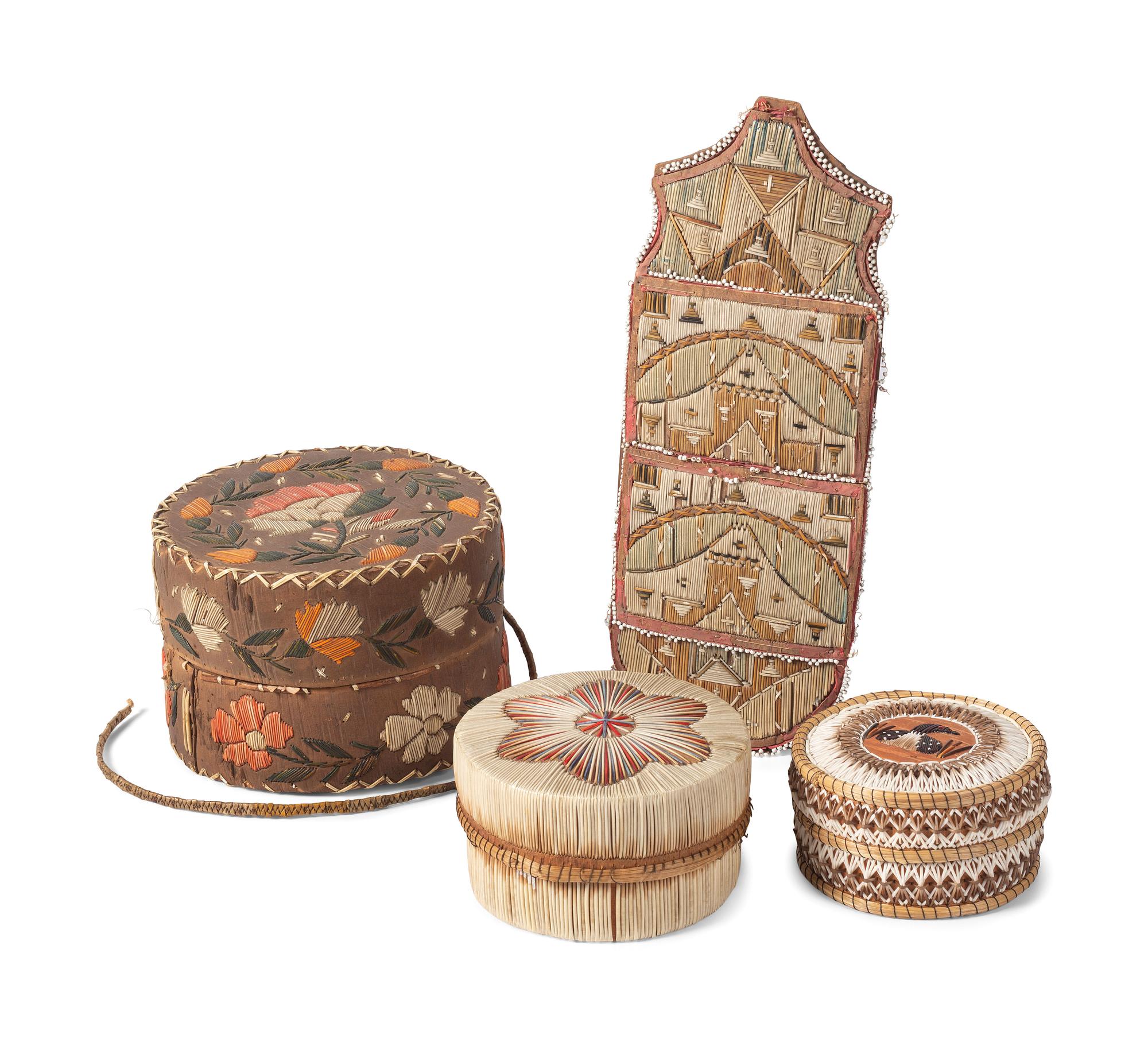 Great Lakes Quilled Birchbark Baskets and Wall Pocket