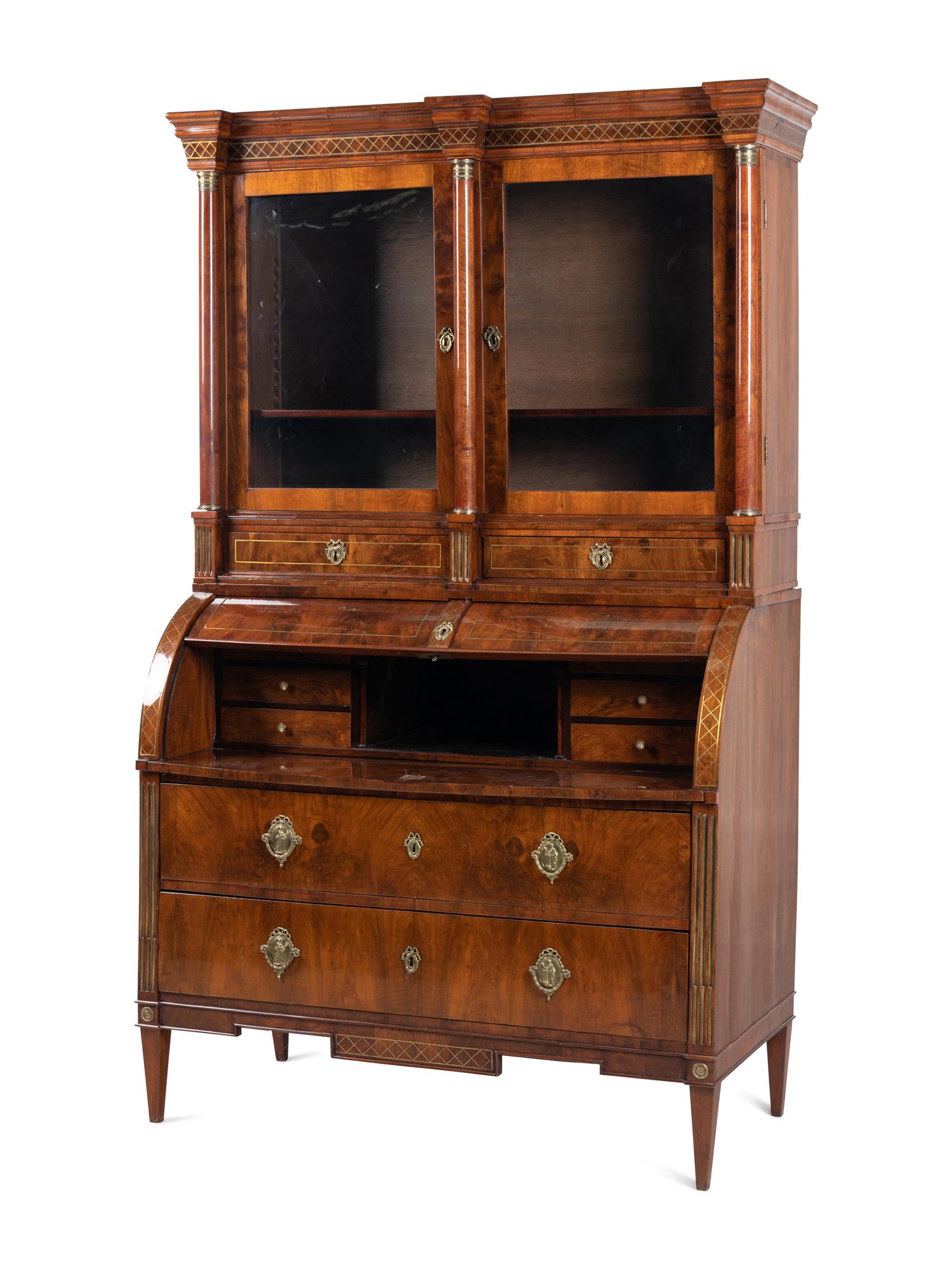 A Russian Neoclassical Brass-Inlaid Walnut Bureau Bookcase