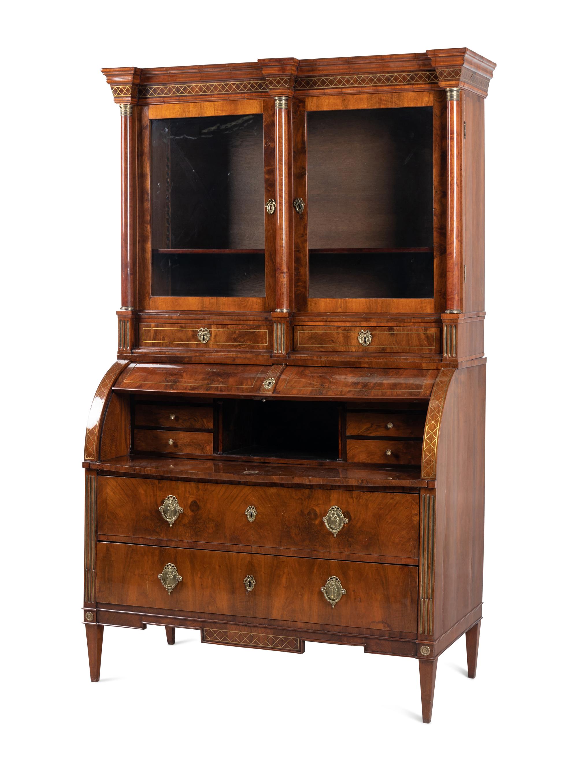A Russian Neoclassical Brass-Inlaid Walnut Bureau Bookcase