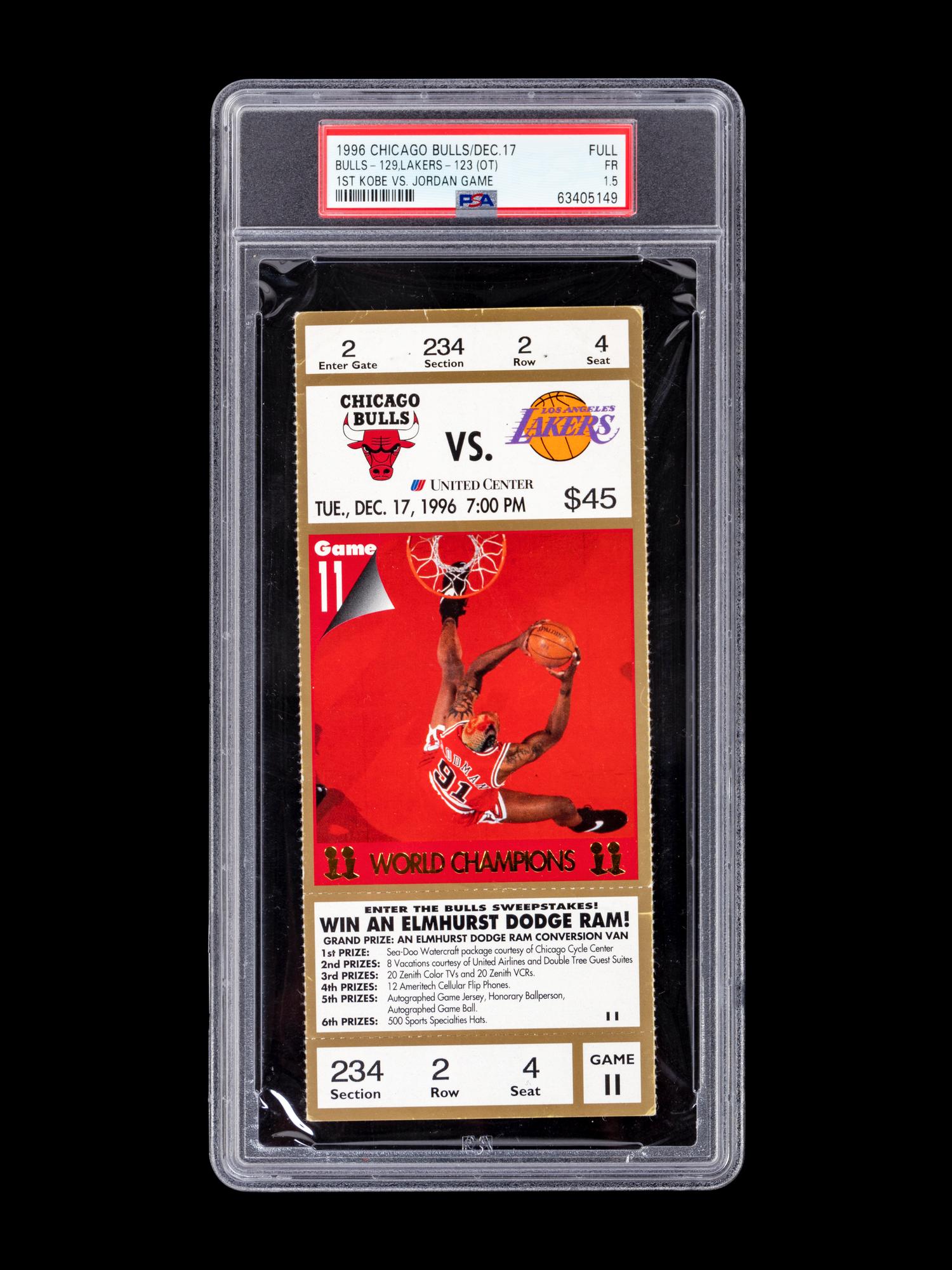 An Exceptionally Rare December 17, 1996 Chicago Bulls vs. Los Angeles Lakers Full Ticket From The First Game Between Michael Jordan and Kobe Bryant (PSA Population of Four),