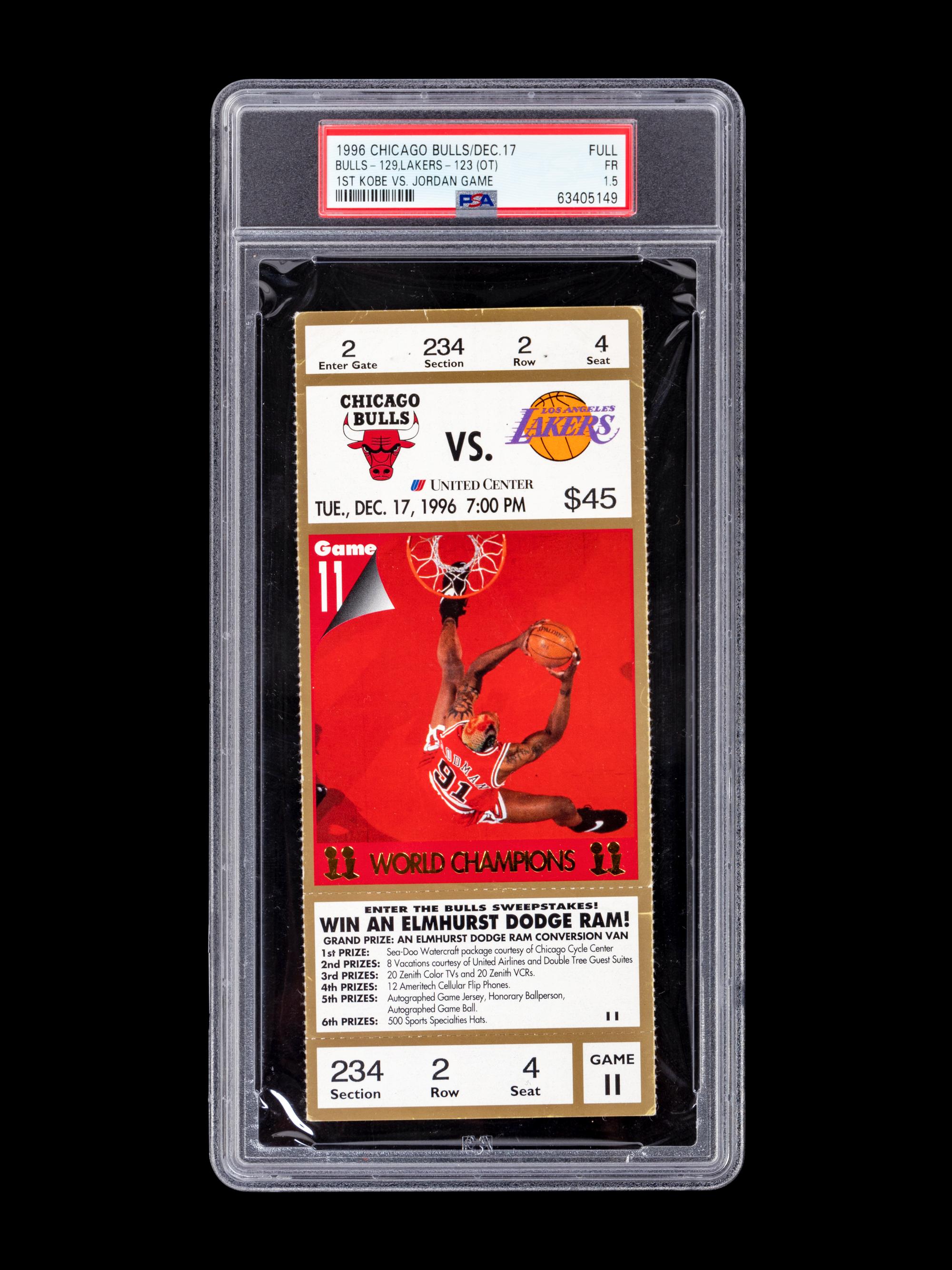 An Exceptionally Rare December 17, 1996 Chicago Bulls vs. Los Angeles Lakers Full Ticket From The First Game Between Michael Jordan and Kobe Bryant (PSA Population of Four),