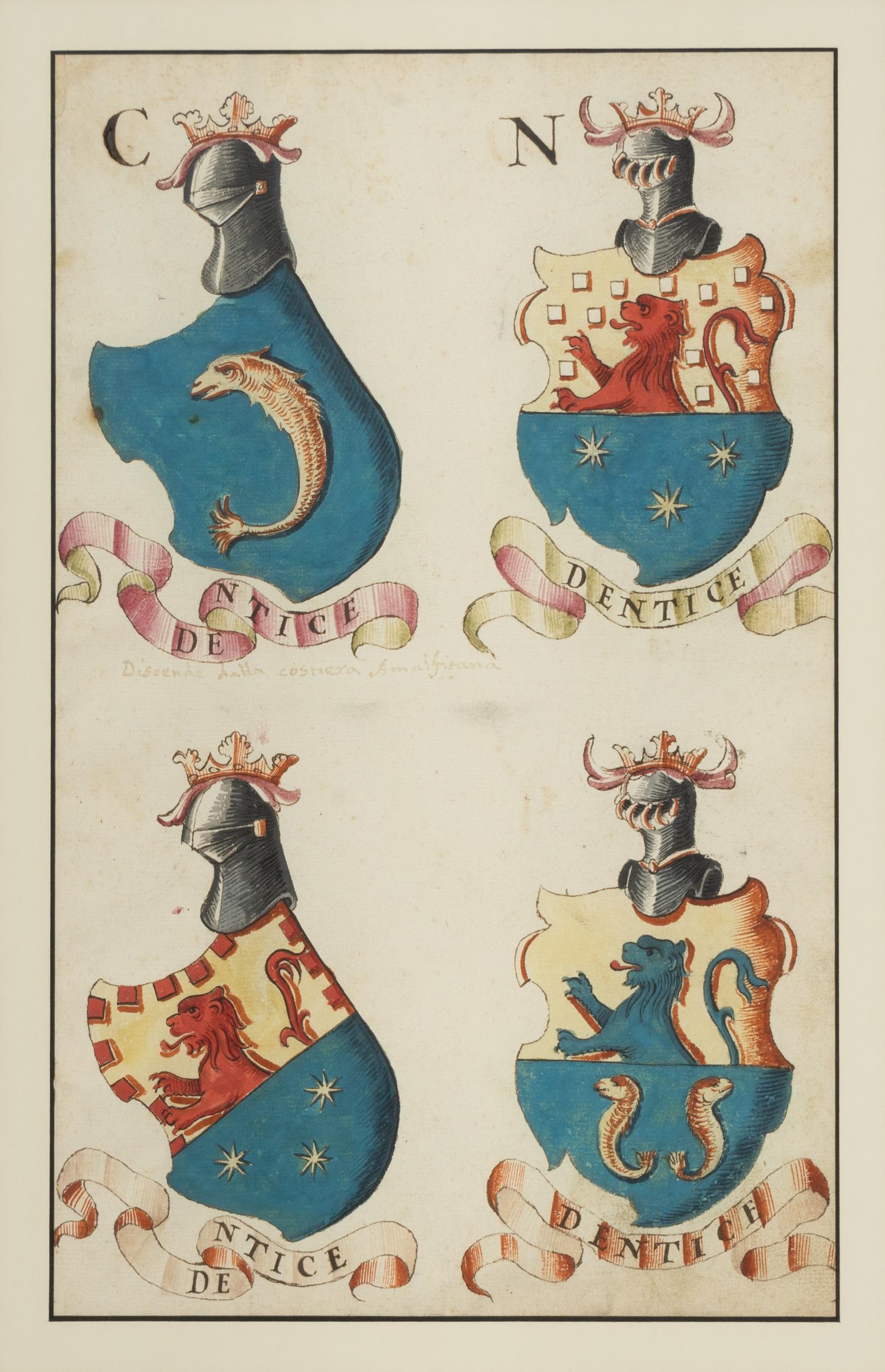 A Set of Italian Watercolor and Gouache Drawings of Coats of Arms
