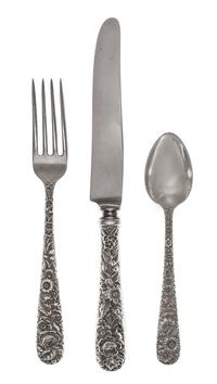 An American Silver Flatware Service, S. Kirk & Son, Baltimore, MD, Repousse pattern, comprising: 8 dinner forks 7 salad forks 8 soup sp