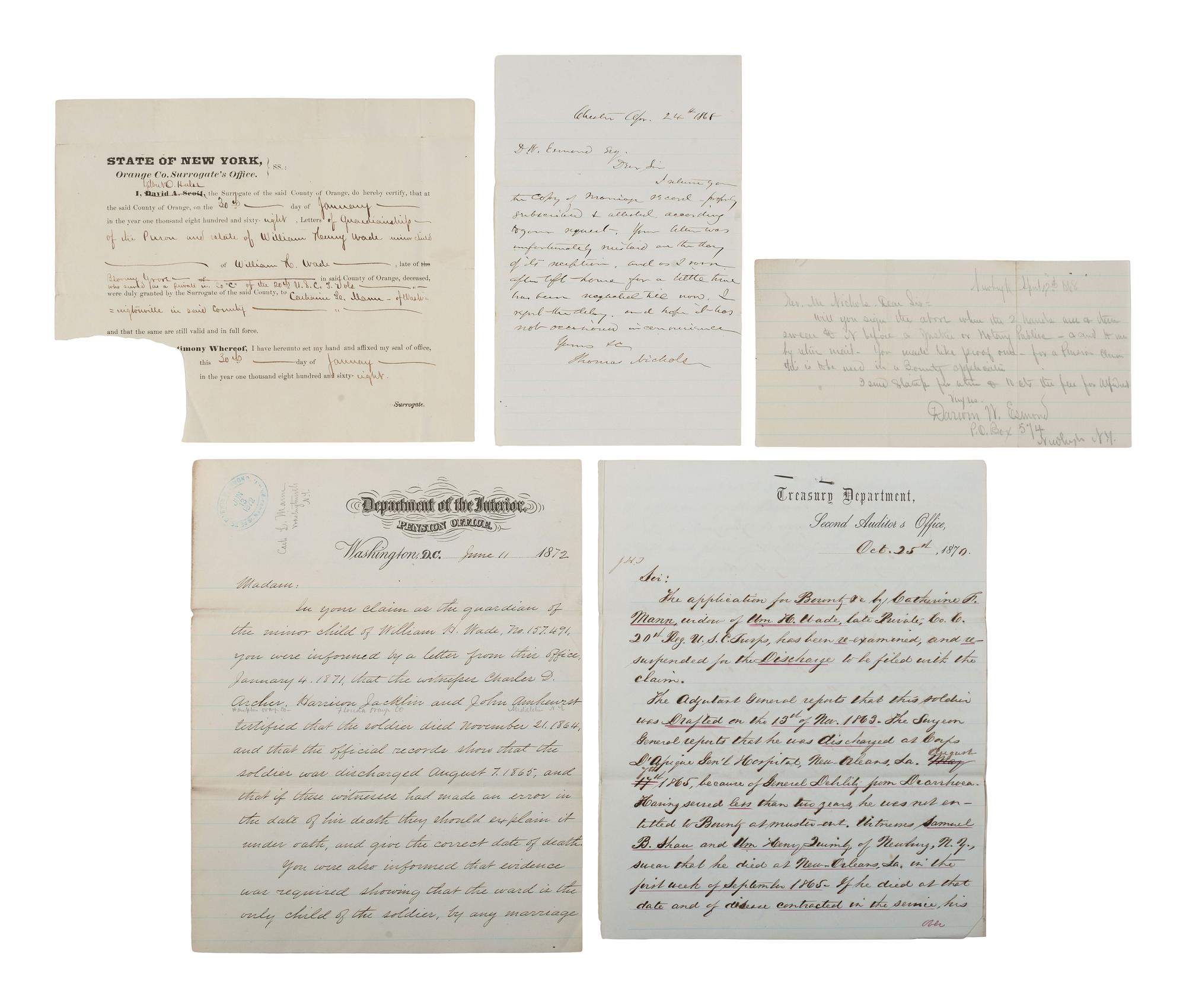 [CIVIL WAR]. Archive identified to African American soldier William H. Wade, 20th US Colored Troops, incl. correspondence and war-date documents.