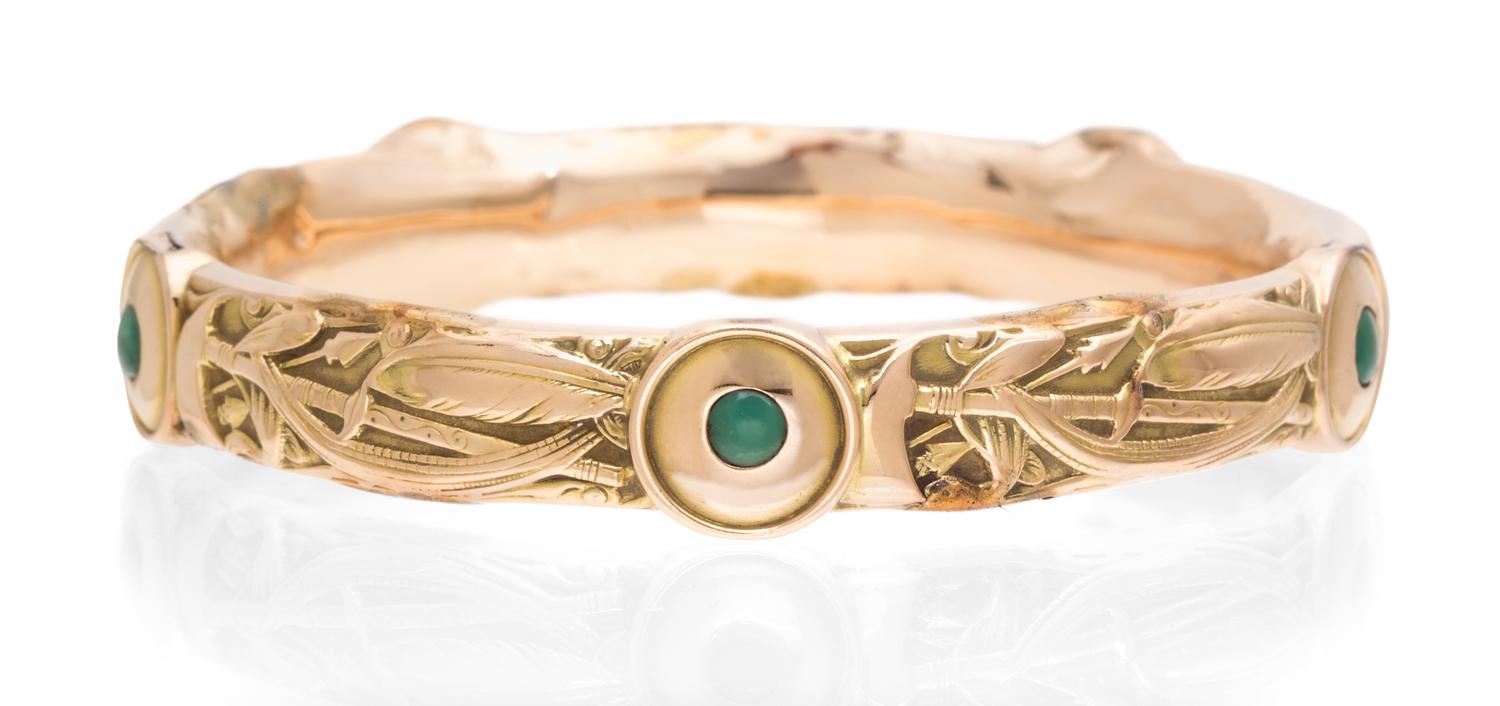 An Art Nouveau Yellow Gold and Turquoise Bangle Bracelet, Riker Brothers, 15.10 dwts.