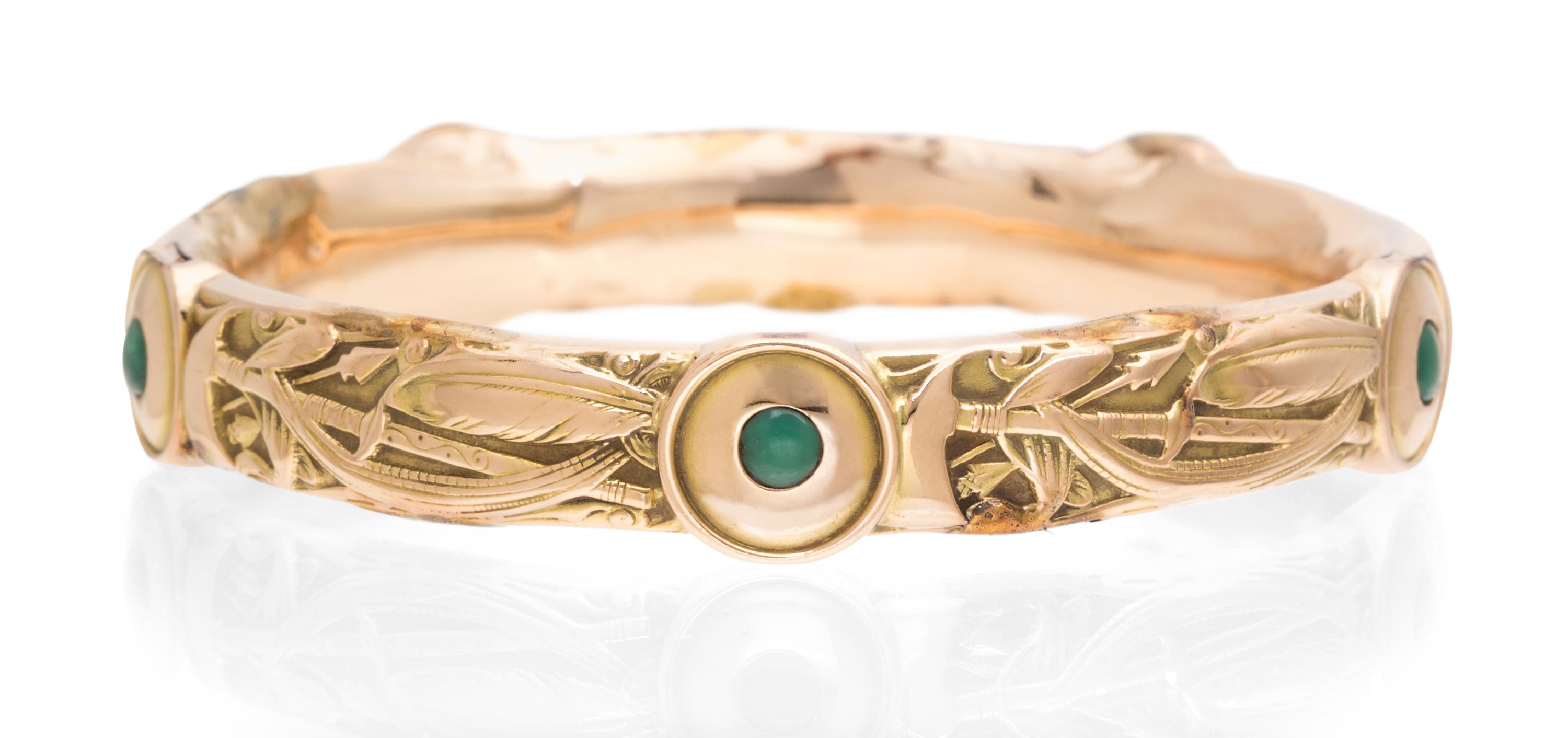 An Art Nouveau Yellow Gold and Turquoise Bangle Bracelet, Riker Brothers, 15.10 dwts.