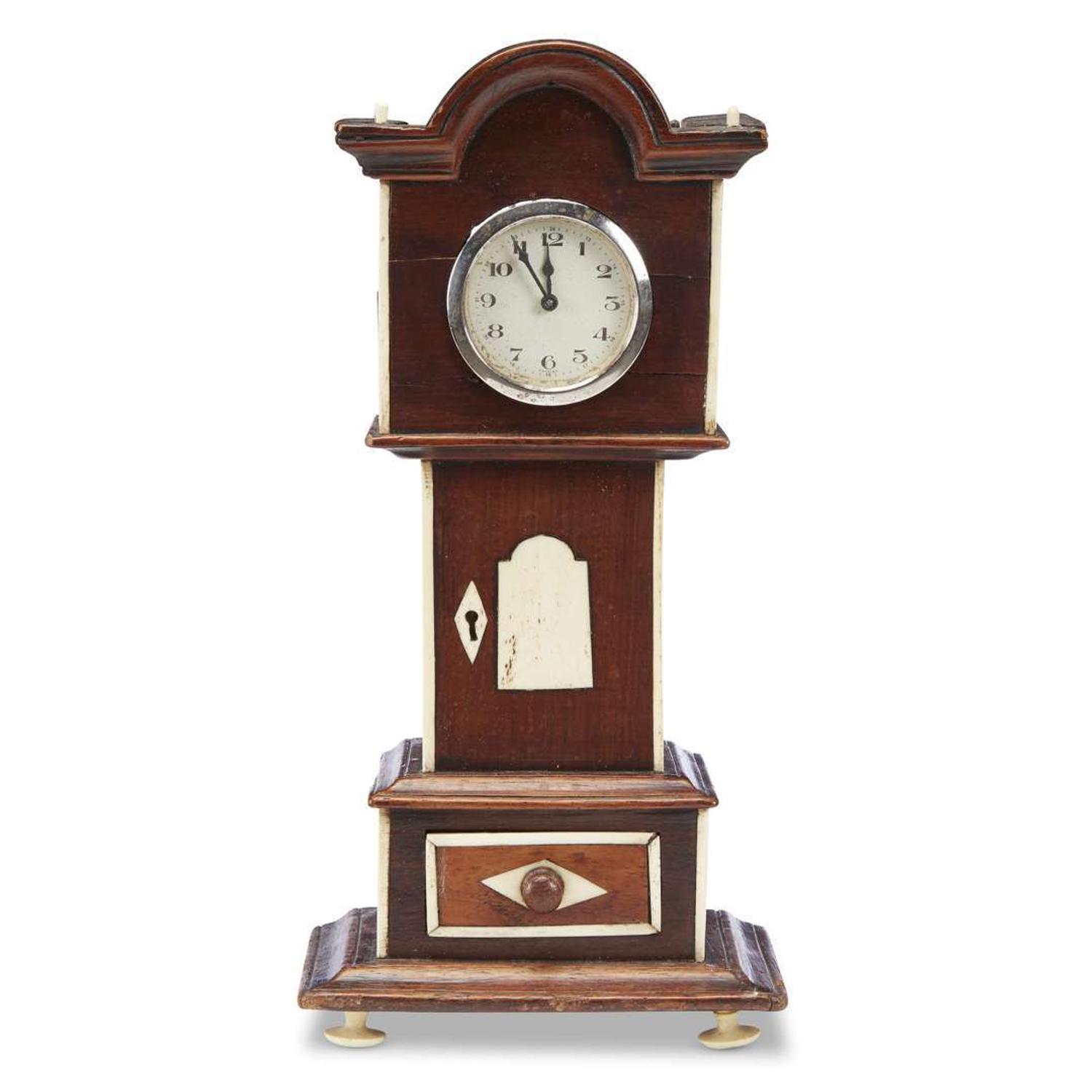 Inlaid mahogany watch hutch in the form of a tall case clock early 19th century