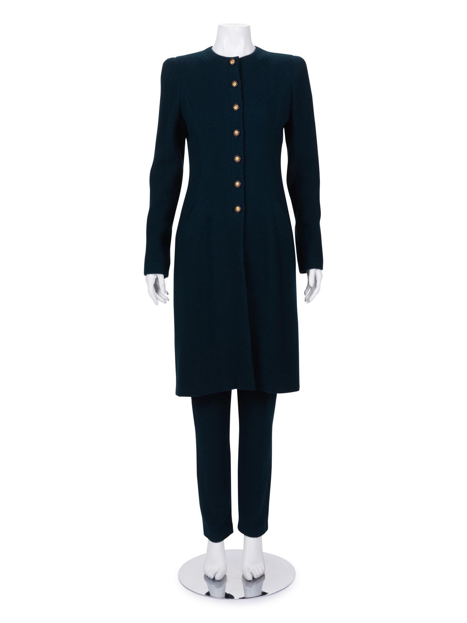 Unlabeled Haute Couture Wool Long Jacket and Pants Ensemble, Attributed to Chanel, 1980-90s