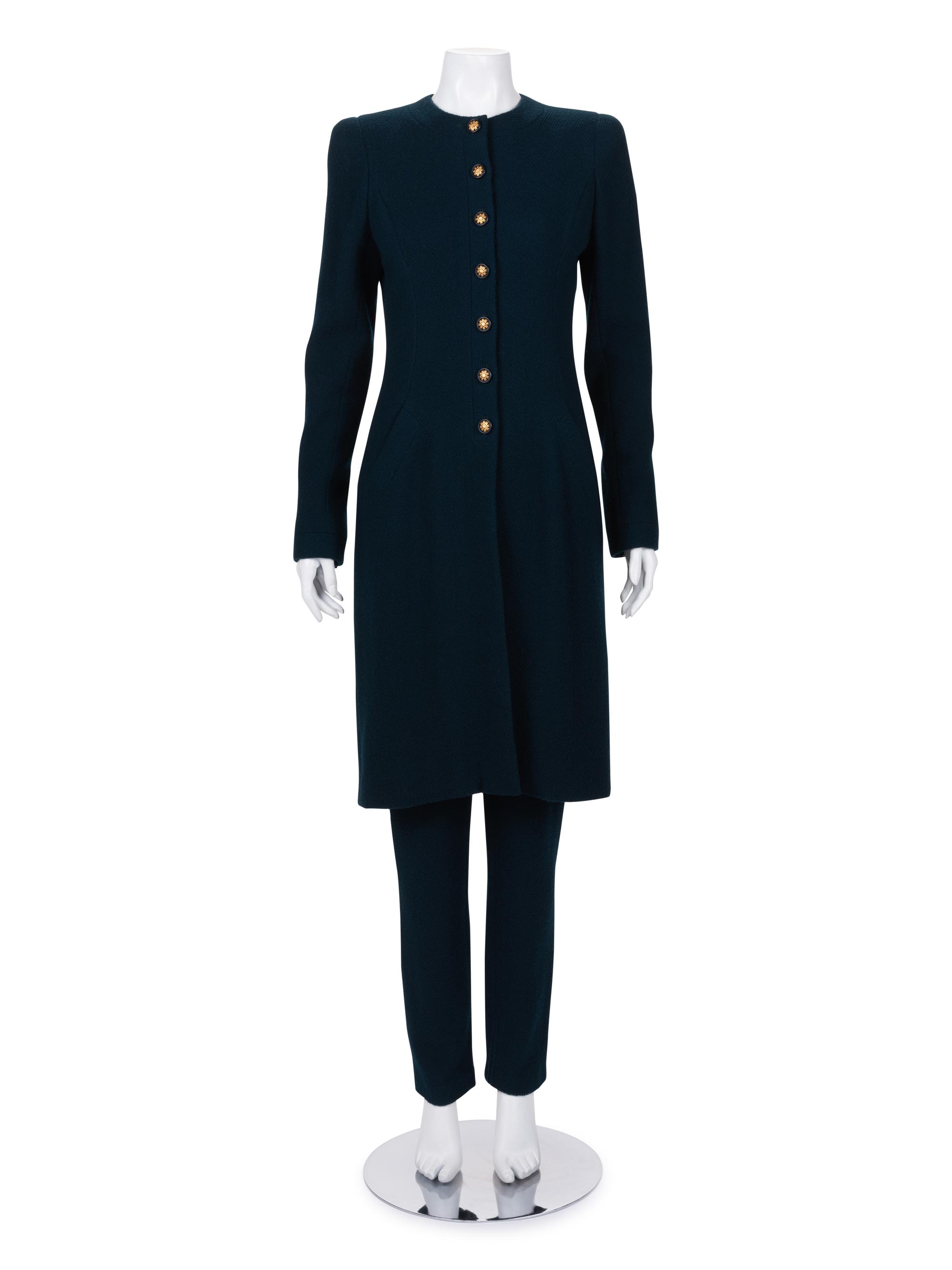 Unlabeled Haute Couture Wool Long Jacket and Pants Ensemble, Attributed to Chanel, 1980-90s
