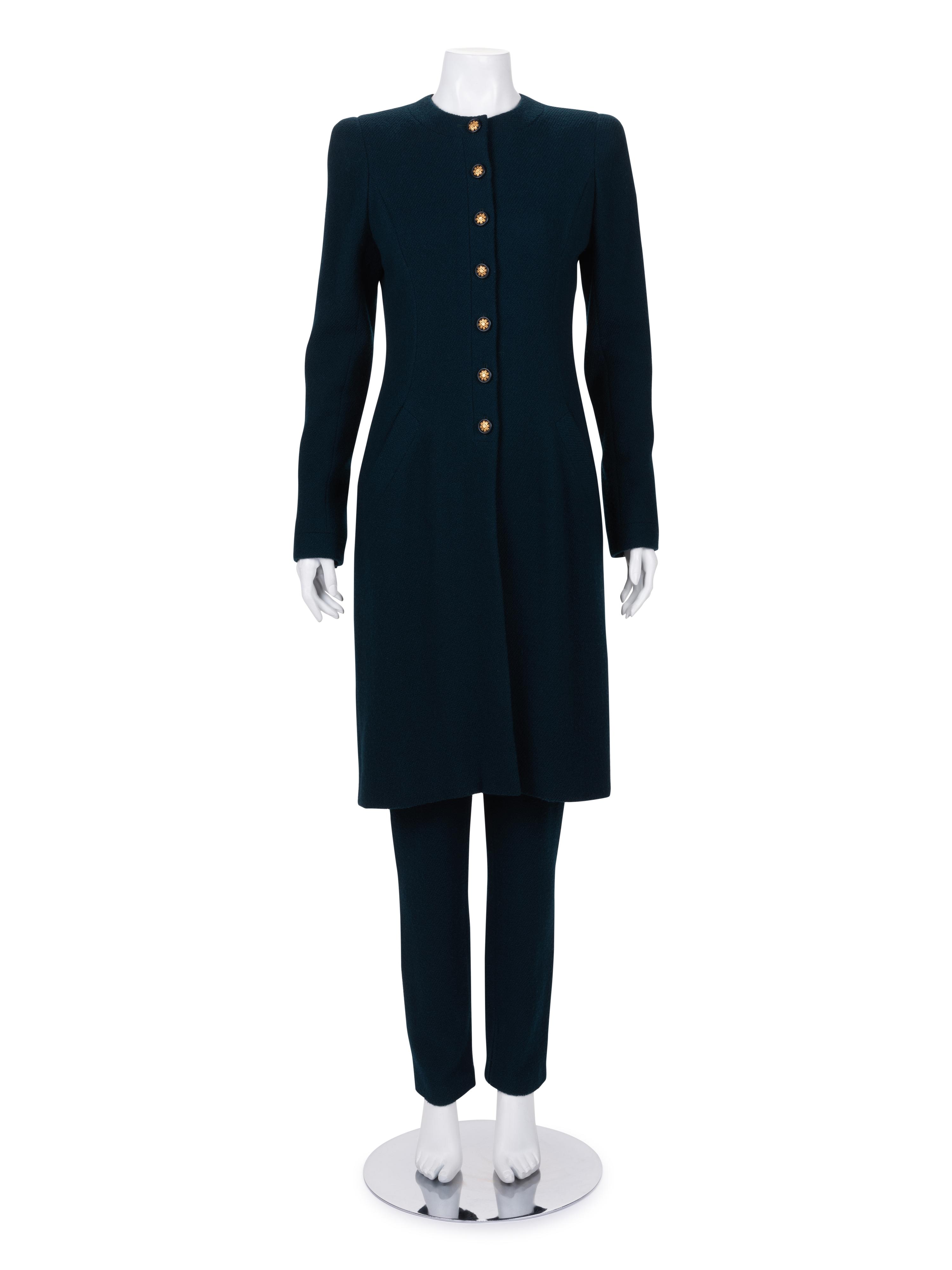 Unlabeled Haute Couture Wool Long Jacket and Pants Ensemble, Attributed to Chanel, 1980-90s