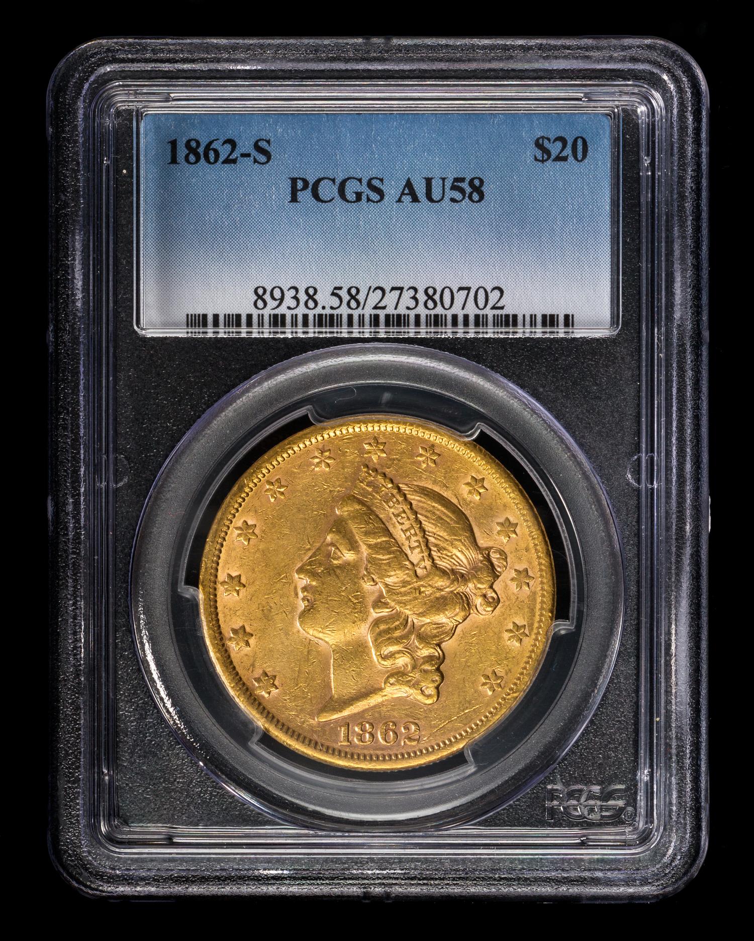 A United States 1862-S Liberty Head $20 Gold Coin