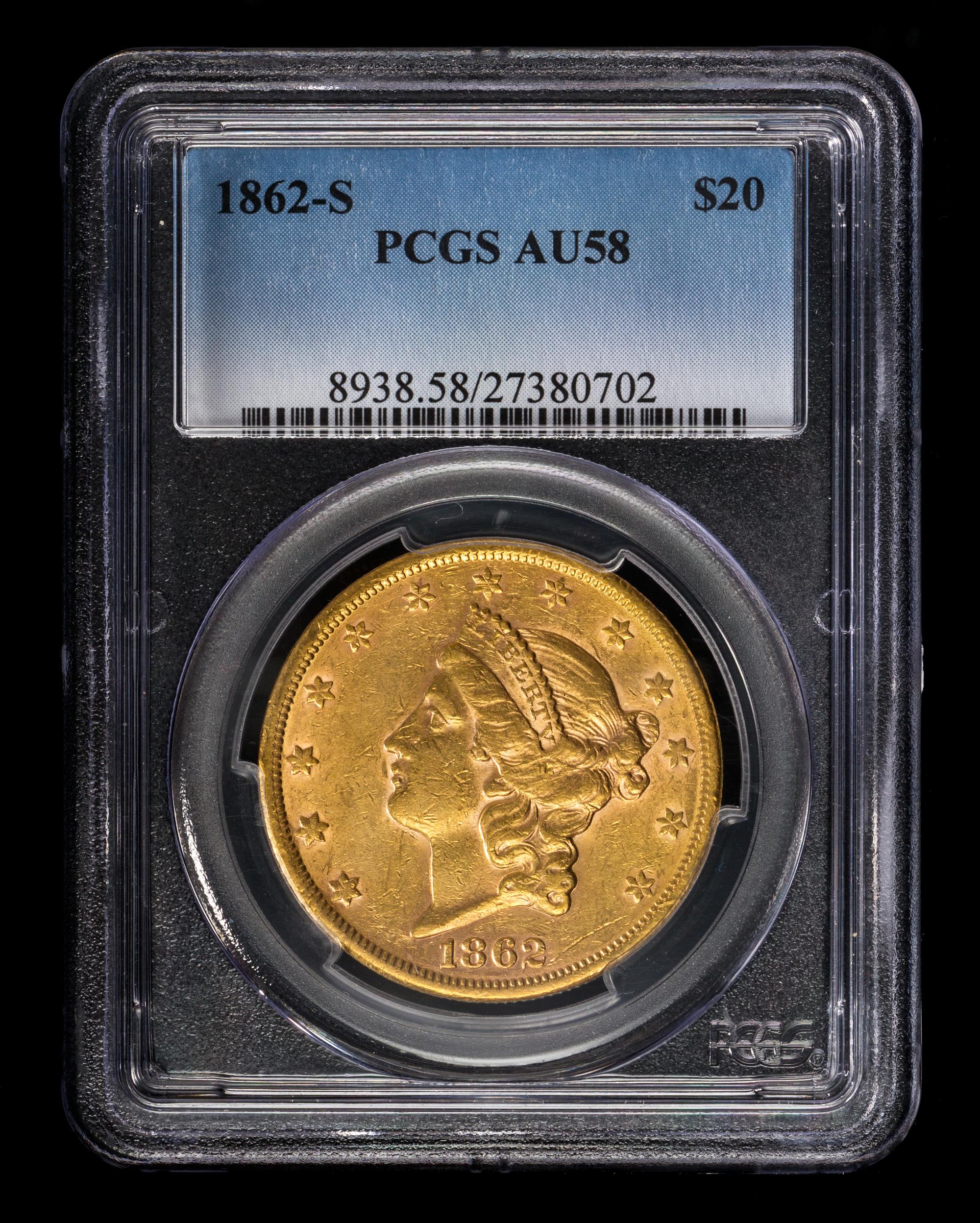 A United States 1862-S Liberty Head $20 Gold Coin