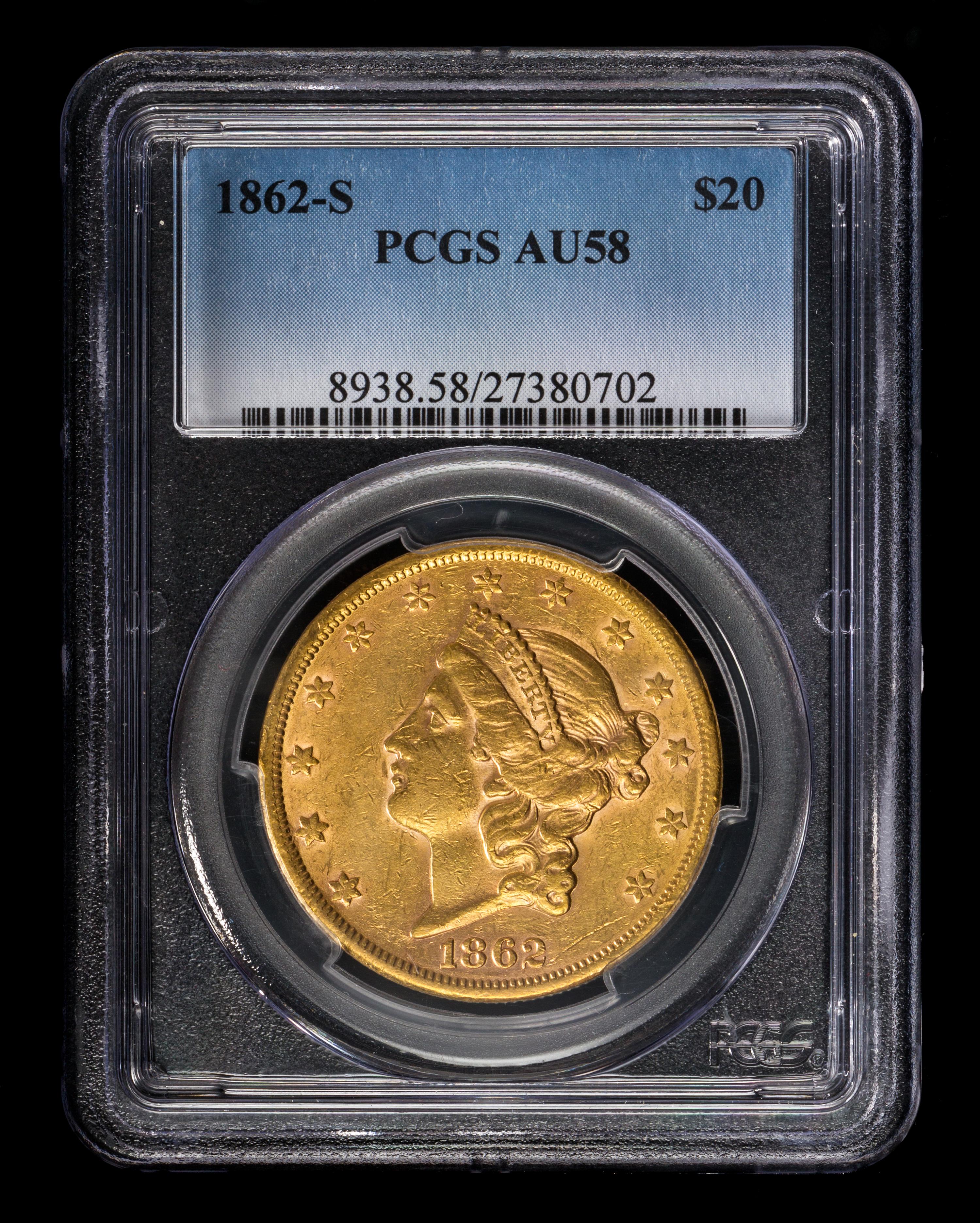 A United States 1862-S Liberty Head $20 Gold Coin