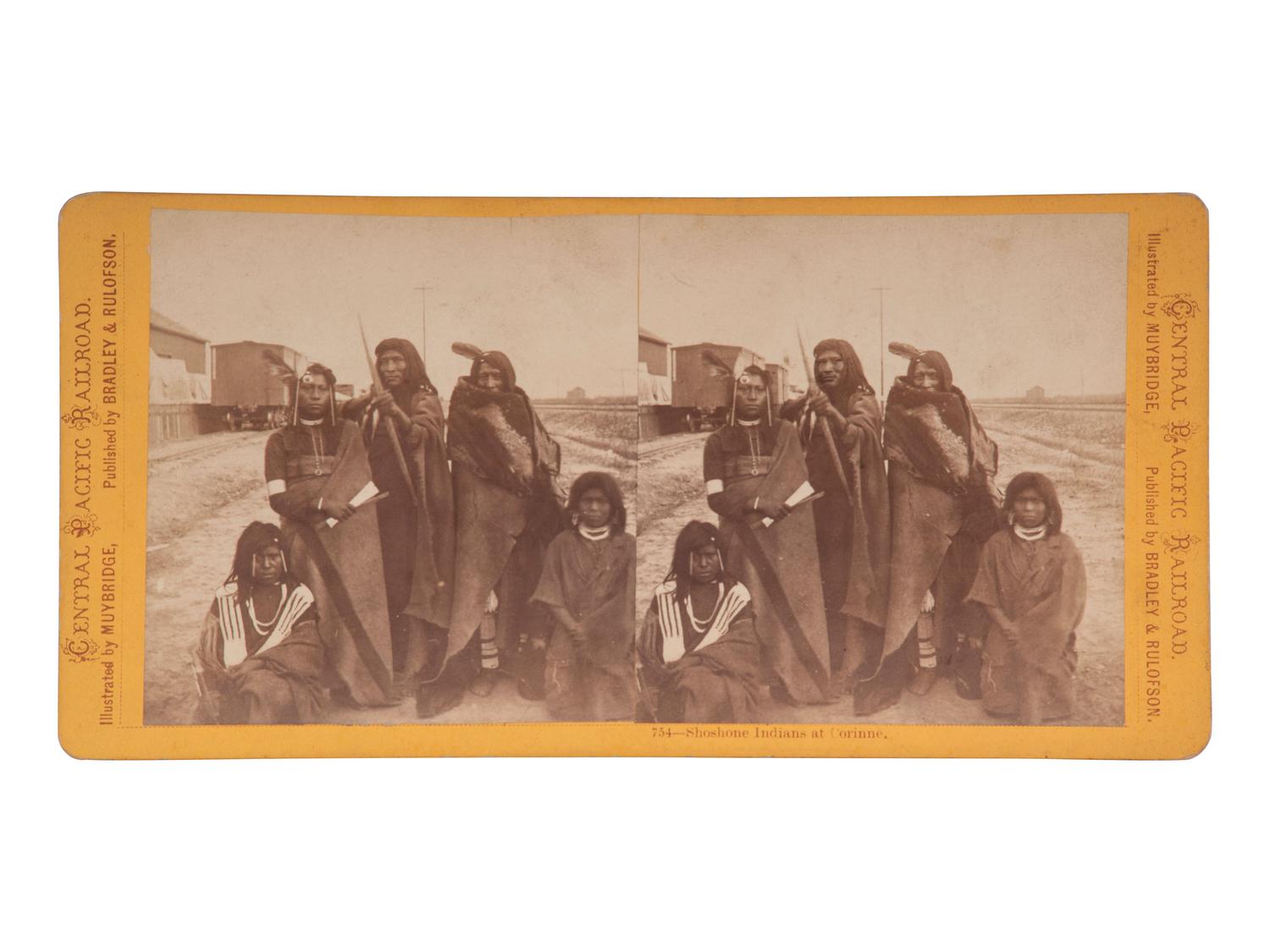 [NATIVE AMERICANS]. MUYBRIDGE, Eadweard (1830-1904), photographer. Shoshone Indians at Corinne , [Utah]. San Francisco, CA: Bradley & Rulofson, ca 1872.
