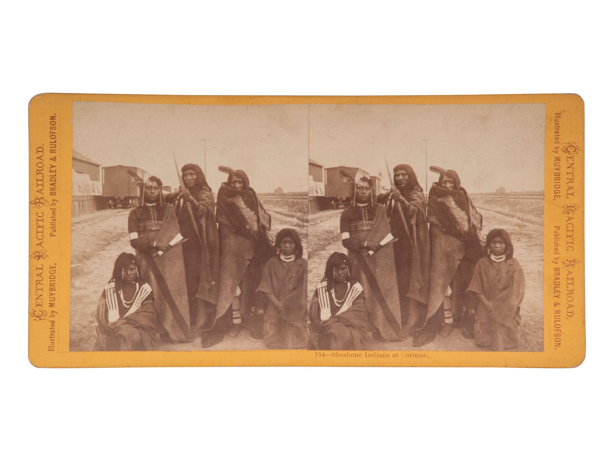 [NATIVE AMERICANS]. MUYBRIDGE, Eadweard (1830-1904), photographer. Shoshone Indians at Corinne , [Utah]. San Francisco, CA: Bradley & Rulofson, ca 1872.