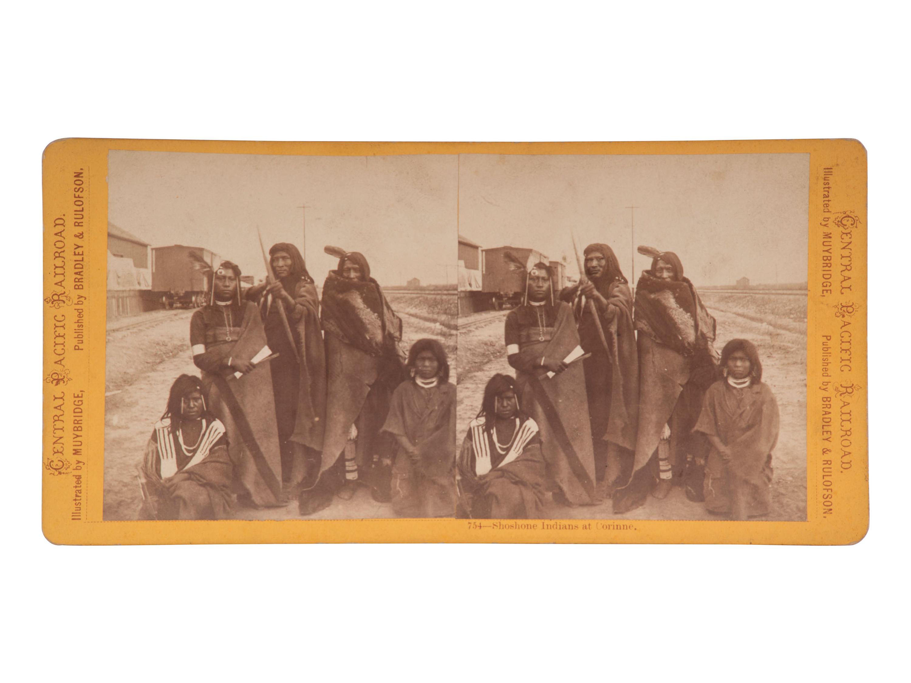[NATIVE AMERICANS]. MUYBRIDGE, Eadweard (1830-1904), photographer. Shoshone Indians at Corinne , [Utah]. San Francisco, CA: Bradley & Rulofson, ca 1872.