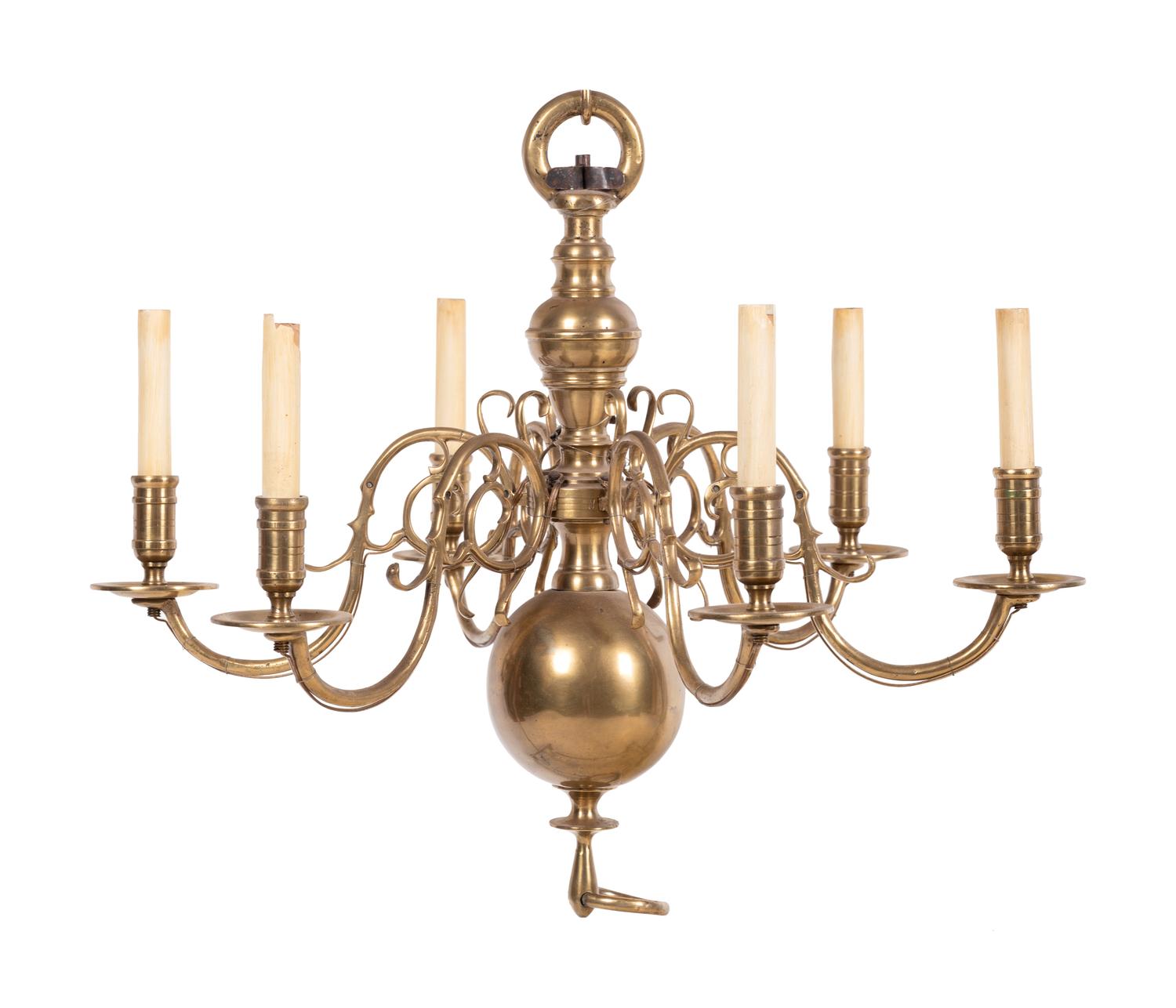 A Dutch Brass Six-Light Chandelier