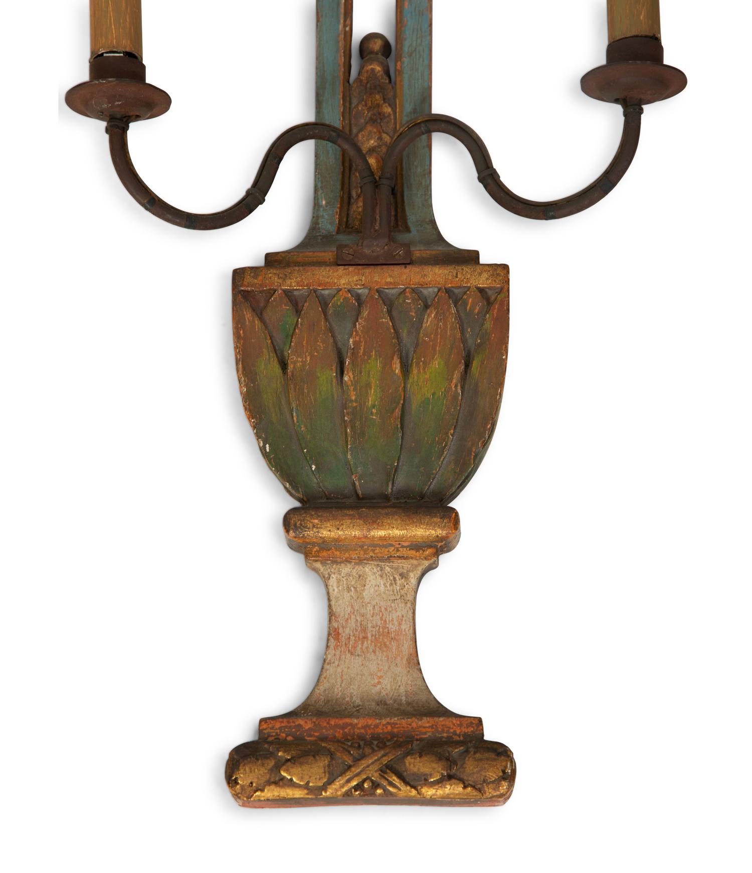 A Pair of Italian Painted and Parcel Gilt Sconces — EARLY 20TH CENTURY