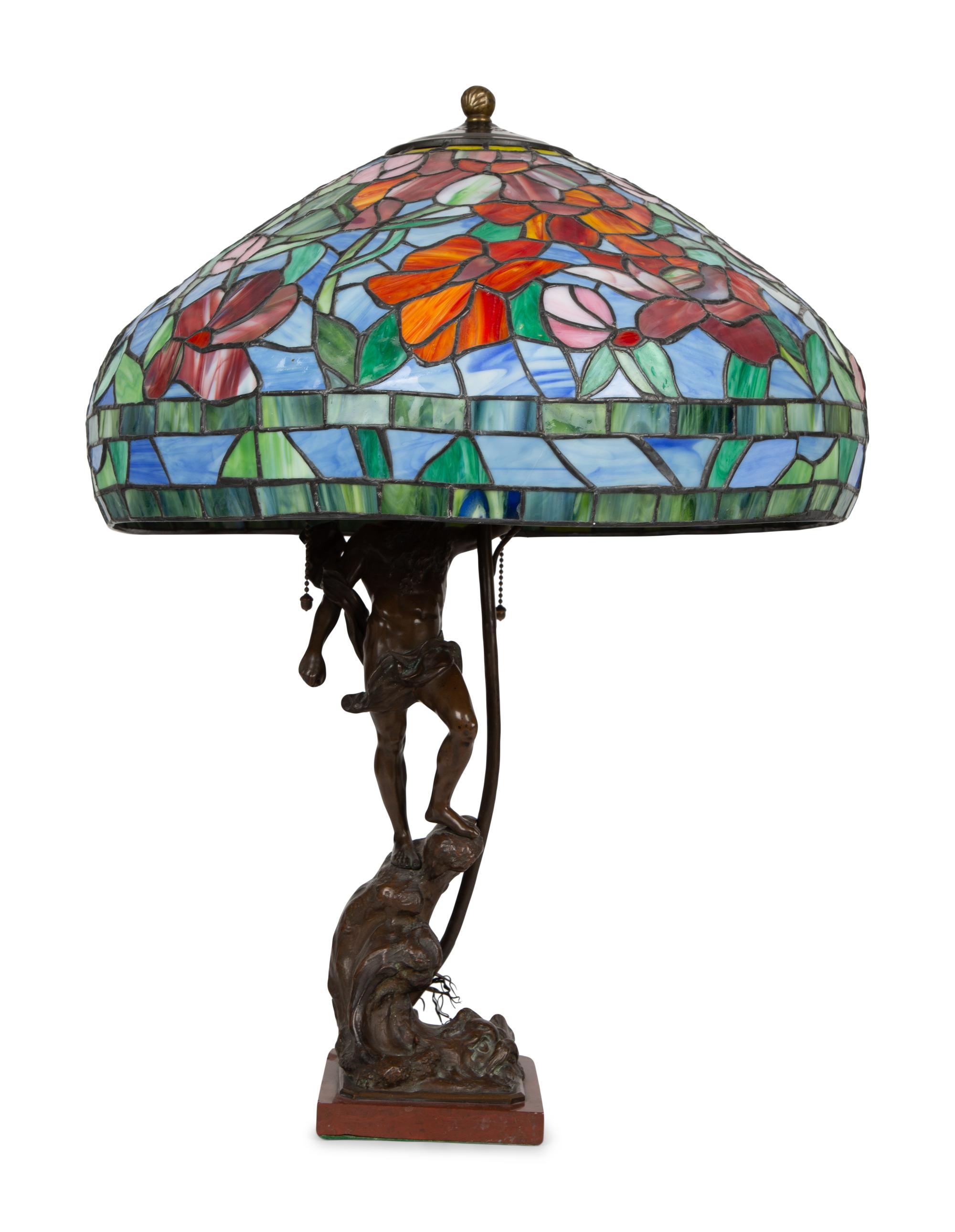 A Bronze Figural Table Lamp with Leaded Glass Shade — SECOND HALF 20TH CENTURY