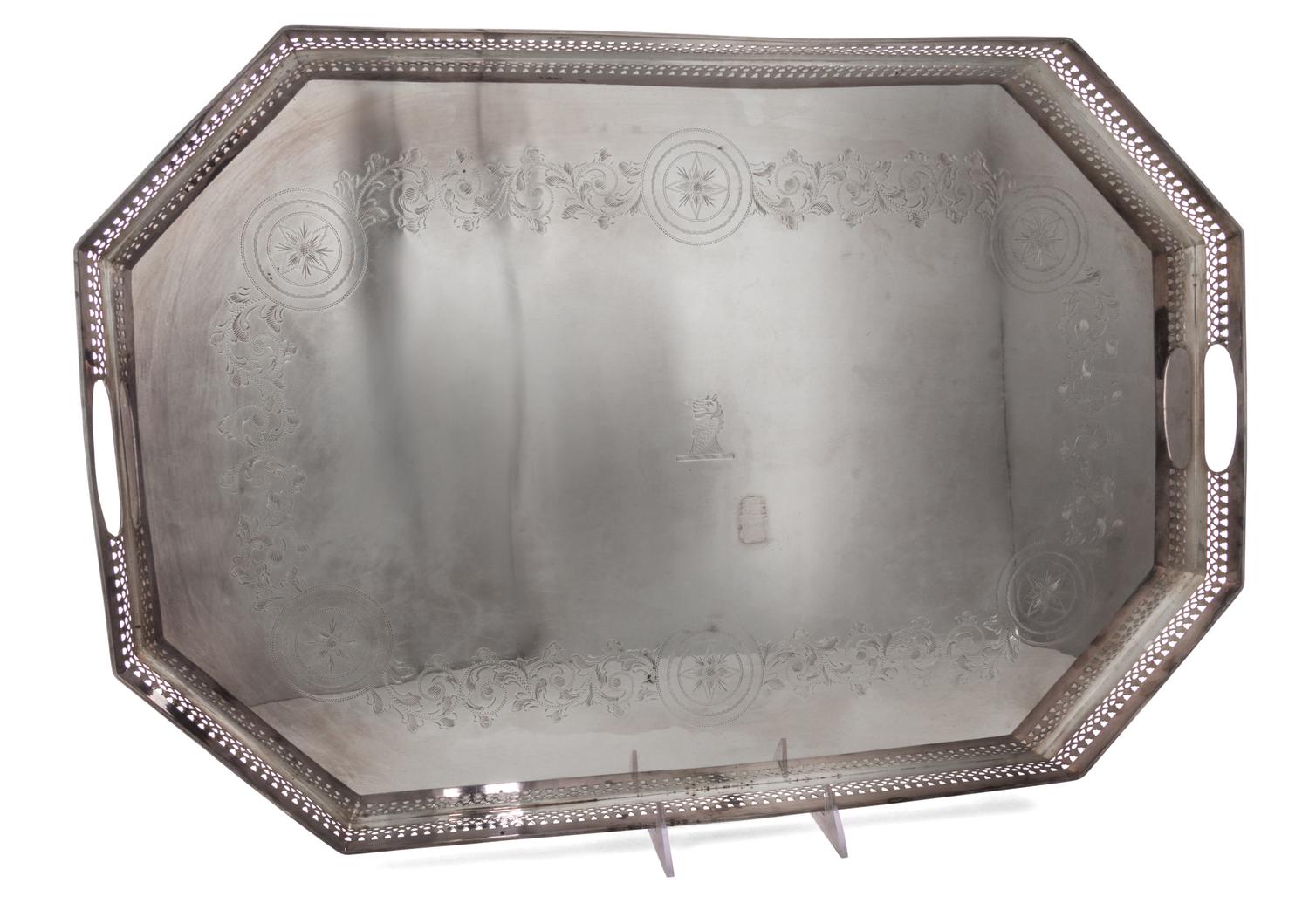 An English Silver-Plate Serving Tray, Israel Freeman & Son, London, 20th Century, of rectangular form with canted corners, having a han