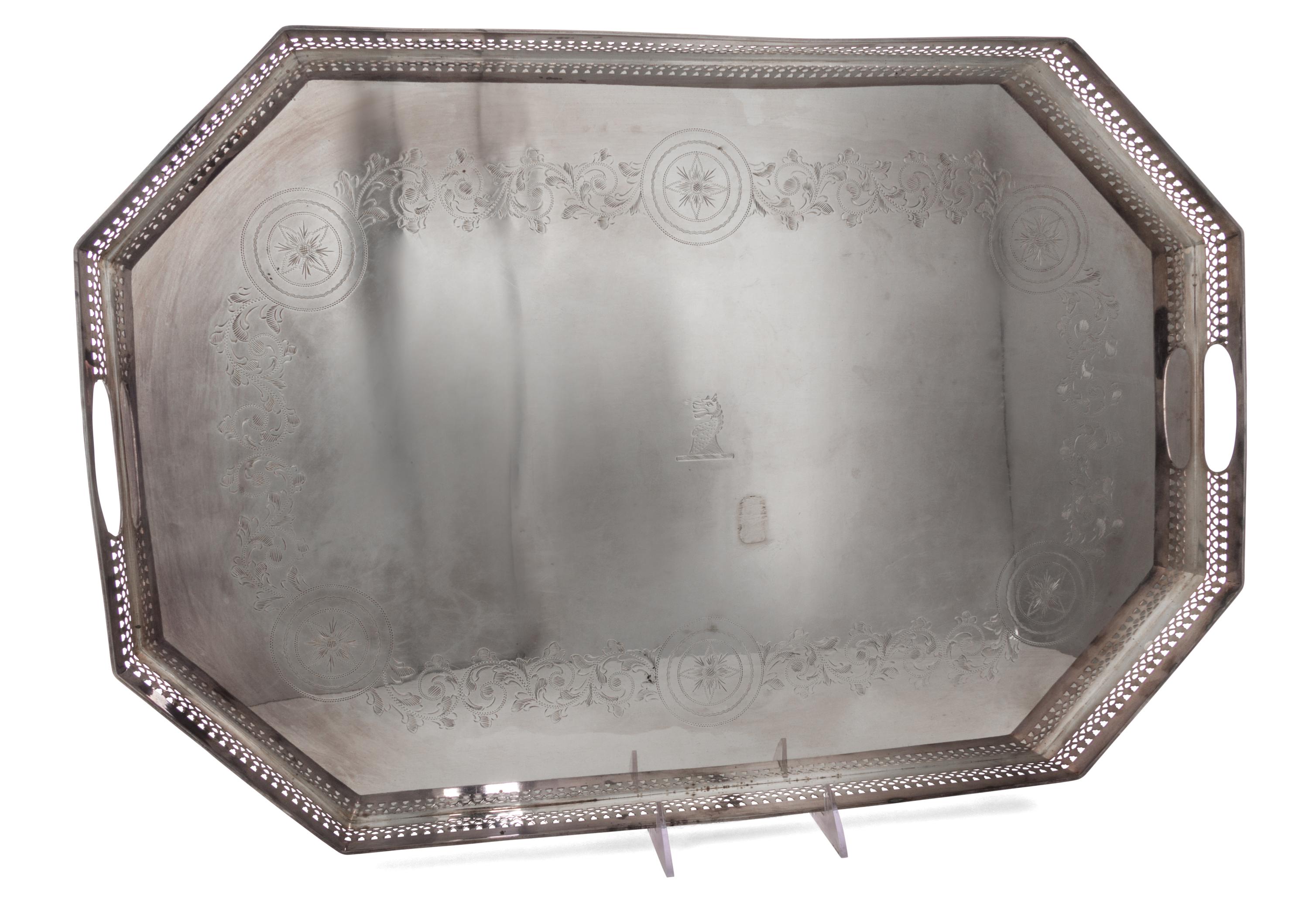 An English Silver-Plate Serving Tray, Israel Freeman & Son, London, 20th Century, of rectangular form with canted corners, having a han