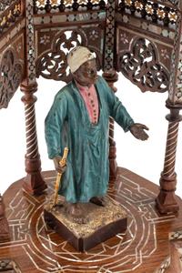 A Pair of Levantine Marquetry and Mother-of-Pearl Inlaid Architectural Models with Austrian Cold-Painted Bronze Figures