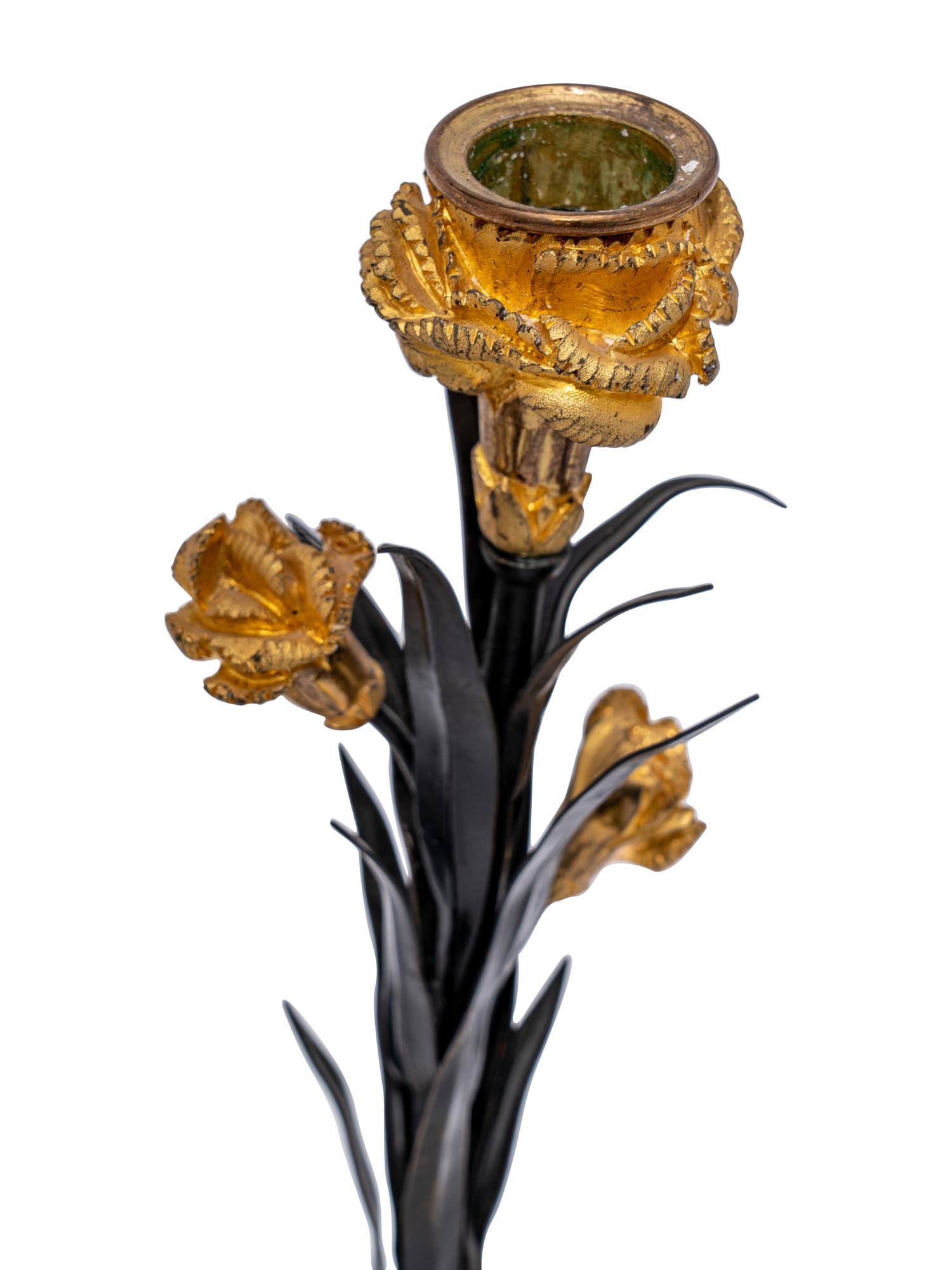 A Pair of French Tôle, Gilt Metal and Marble Candlesticks