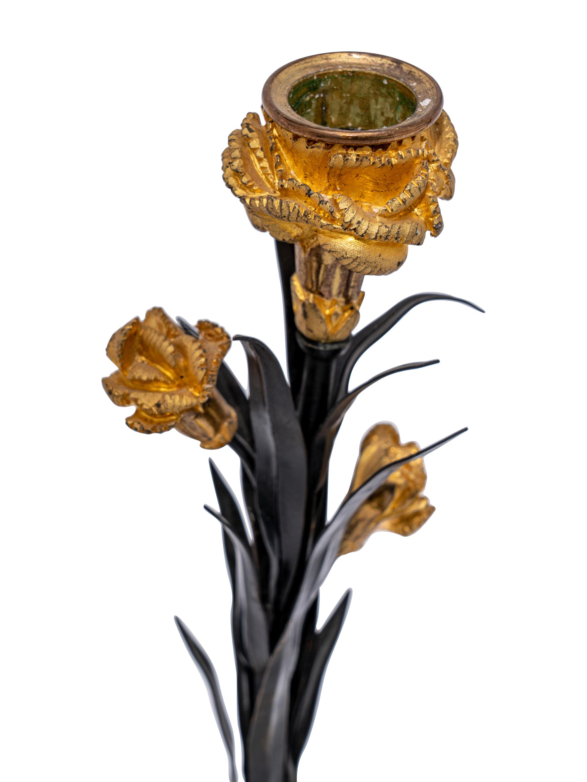 A Pair of French Tôle, Gilt Metal and Marble Candlesticks