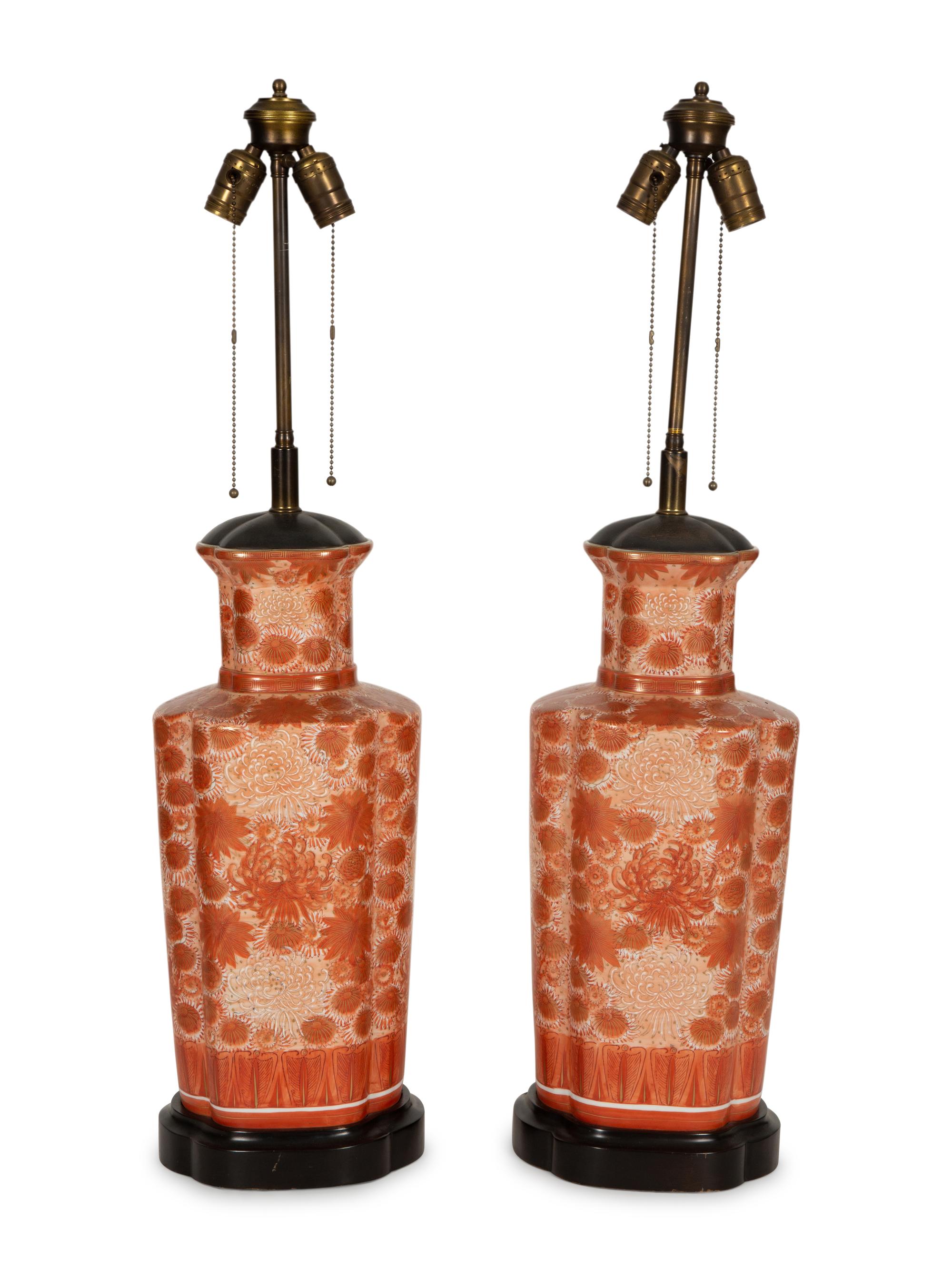 A Pair of Kutani Porcelain Vases Mounted as Lamps