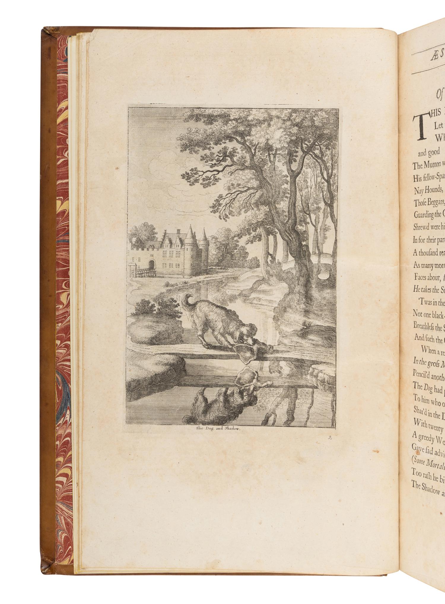 [OGILBY, John (1600-1676), translator]. AESOP (ca 620-560 B.C.). The Fables of Aesop Paraphras'd in Verse: Adorn'd with Sculpture, and Illustrated with Annotations . [ Bound with :] Aesopic’s: Or a Second Collection of Fables, Paraphras'd in Verse: Adorn'd with Sculpture, and Illustrated with Annotations . London: Printed by Thomas Roycroft for the Author, 1668.