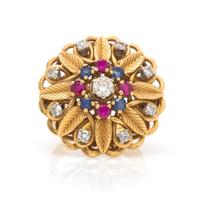 An 18 Karat Yellow Gold, Diamond, Sapphire and Ruby Ring, 9.00 dwts.