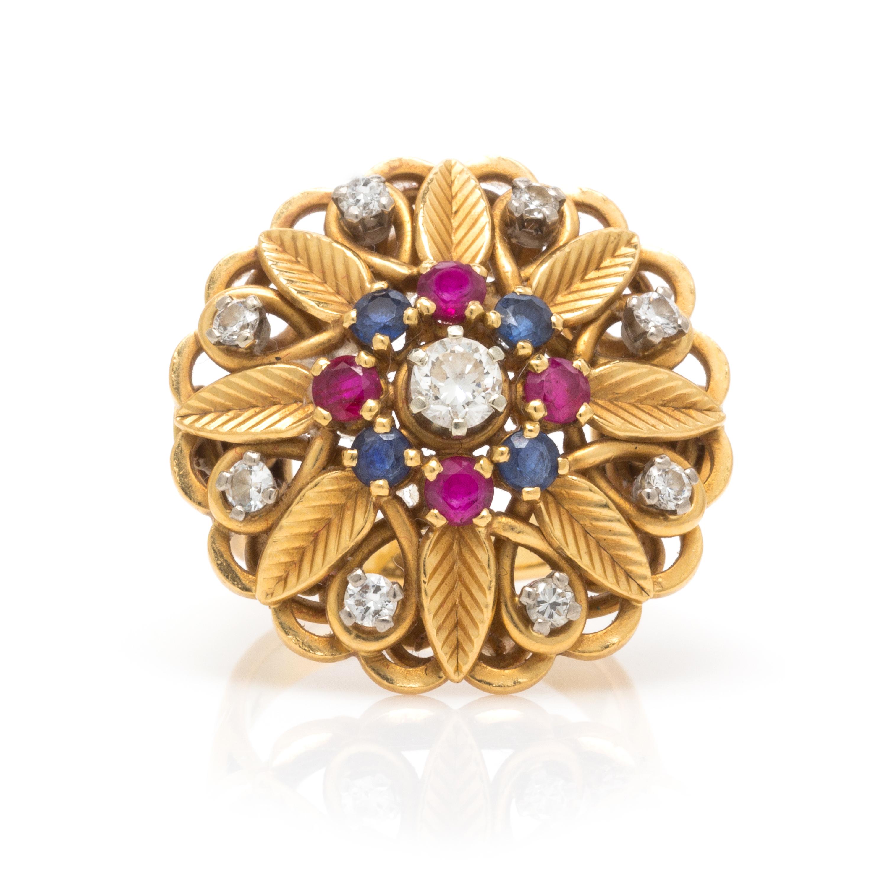 An 18 Karat Yellow Gold, Diamond, Sapphire and Ruby Ring, 9.00 dwts.
