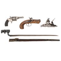 Collectors Lot of 4: English Bayonet, Dictator Revolver, Reproduction Derringer & Flint Lock