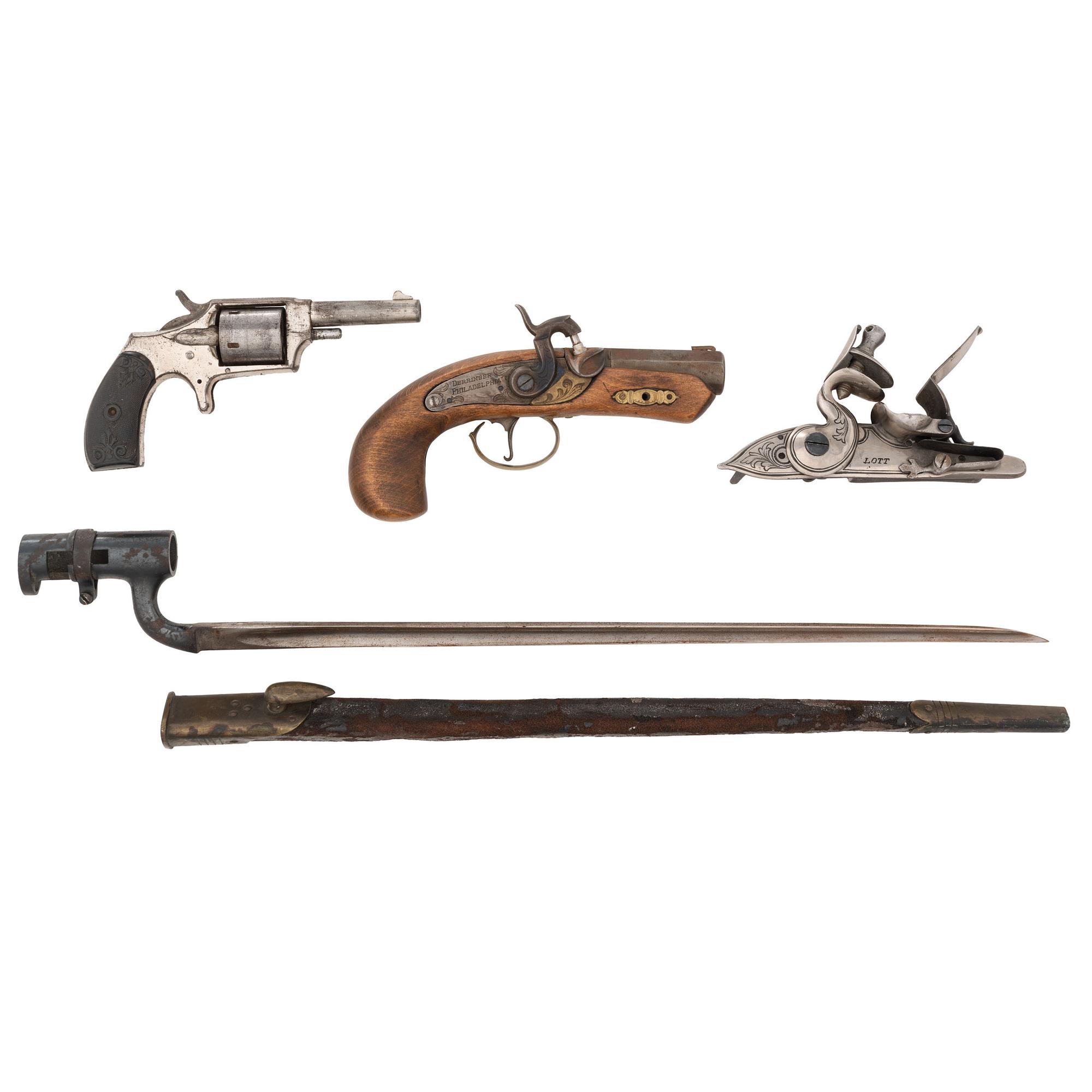 Collectors Lot of 4: English Bayonet, Dictator Revolver, Reproduction Derringer & Flint Lock