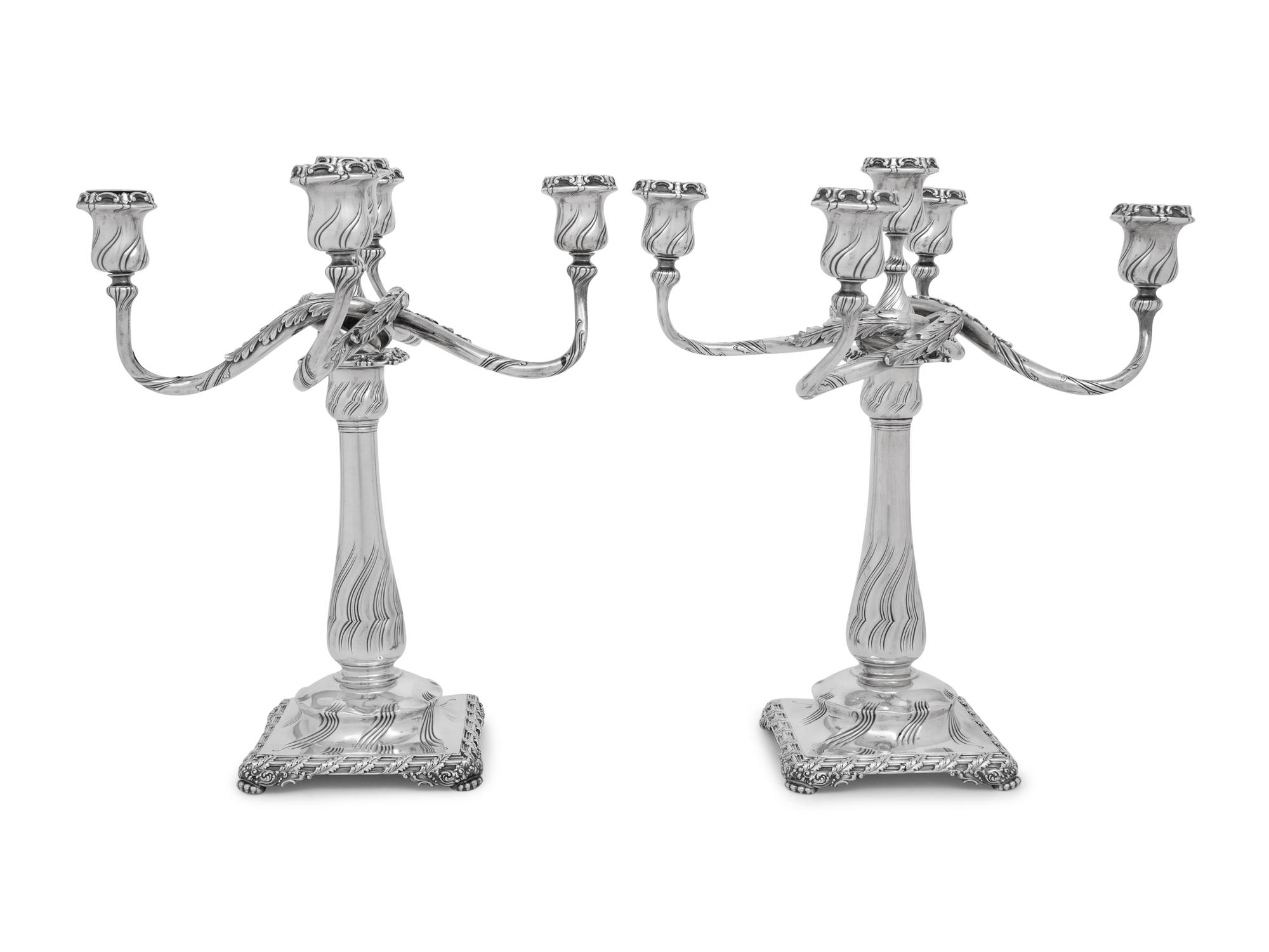 A Pair of Tiffany and Co. Silver Five-Light Candelabra