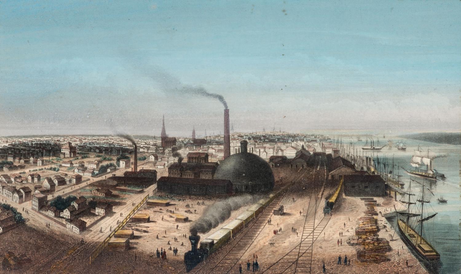 [MAPS & ATLASES]. [MAGNUS, Charles (1826-1900)]. A group of 7 hand-color deluxe presentation city views, incl. San Francisco. [ With :] [BORNET, John]. [ City of Brooklyn ]. Hand-colored lithograph.