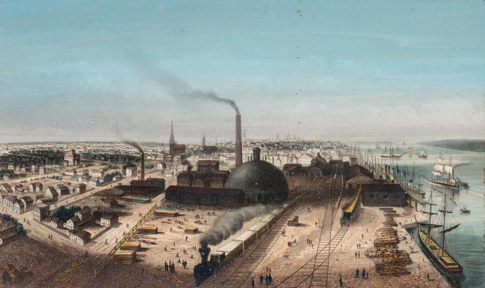 [MAPS & ATLASES]. [MAGNUS, Charles (1826-1900)]. A group of 7 hand-color deluxe presentation city views, incl. San Francisco. [ With :] [BORNET, John]. [ City of Brooklyn ]. Hand-colored lithograph.