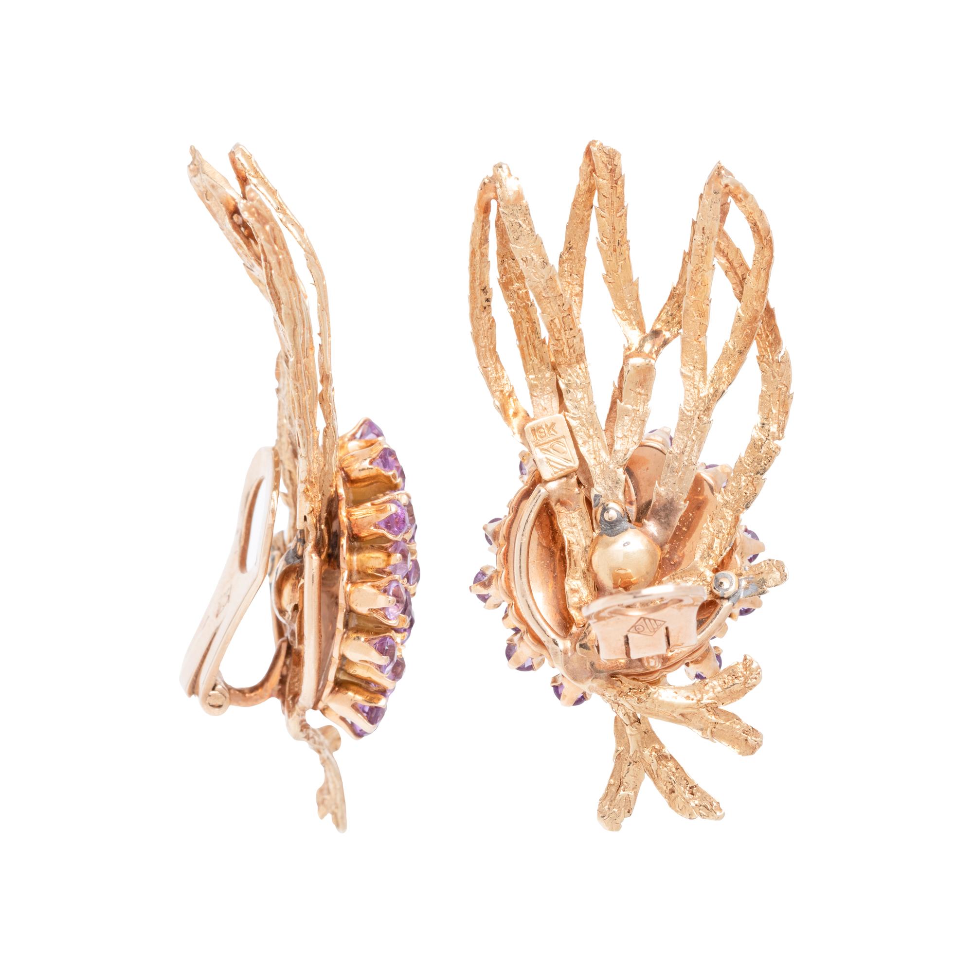 MARIANNE OSTIER, YELLOW GOLD AND AMETHYST EARCLIPS