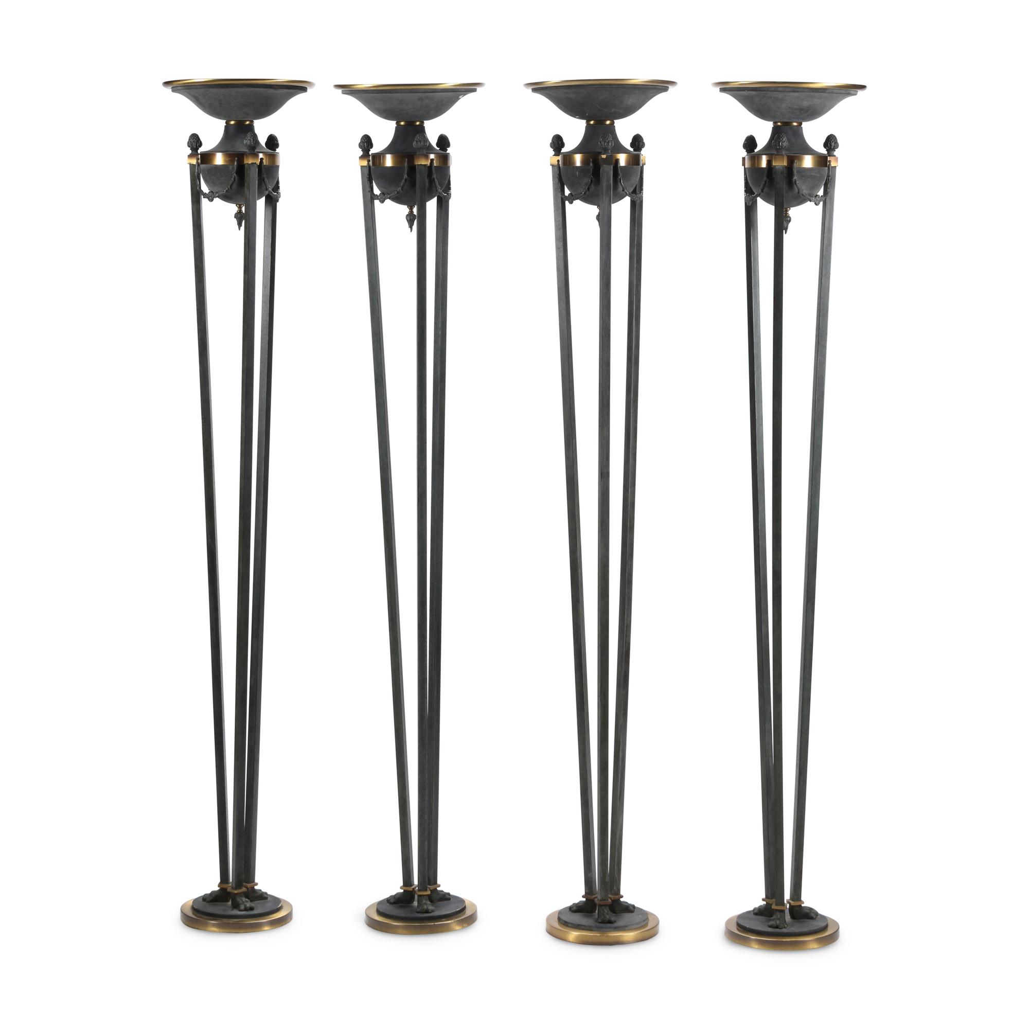 A Set of Four Neoclassical Style Patinated Brass Torchères