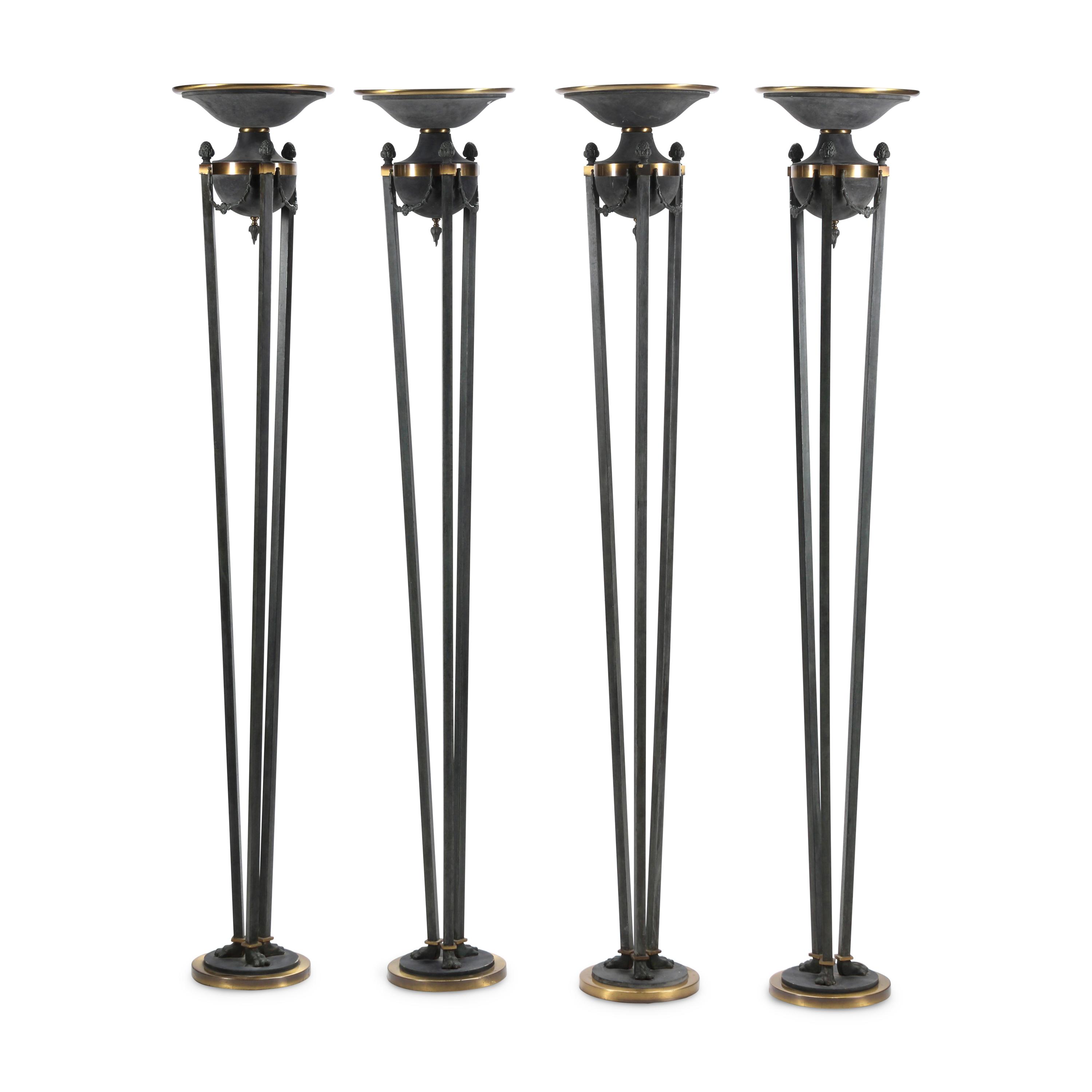 A Set of Four Neoclassical Style Patinated Brass Torchères