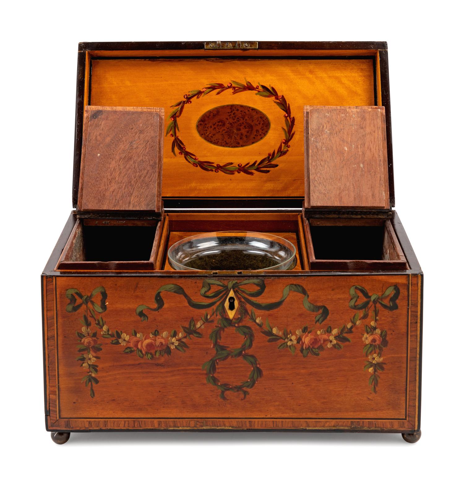 An Edwardian Painted Satinwood Tea Caddy