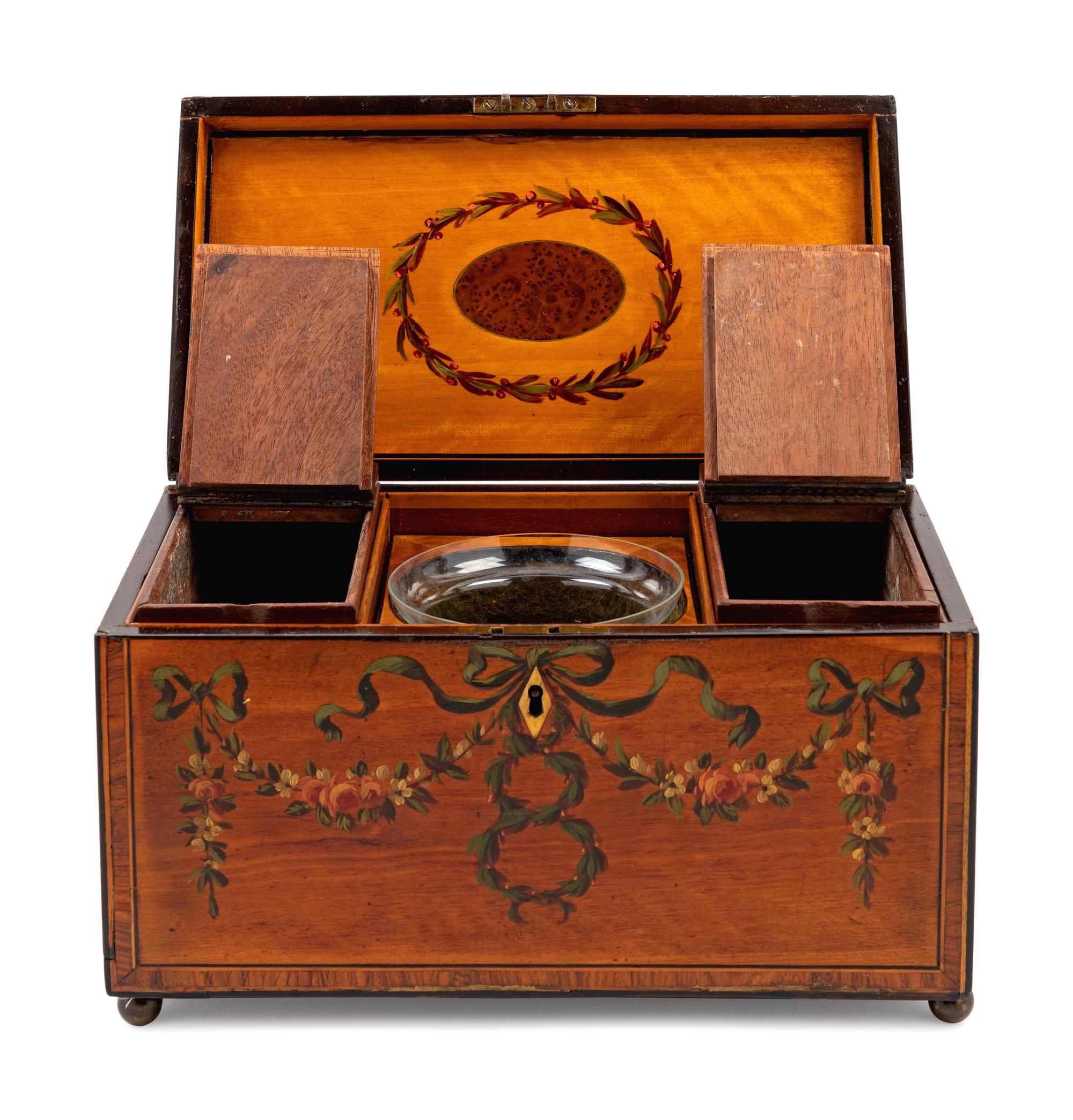 An Edwardian Painted Satinwood Tea Caddy
