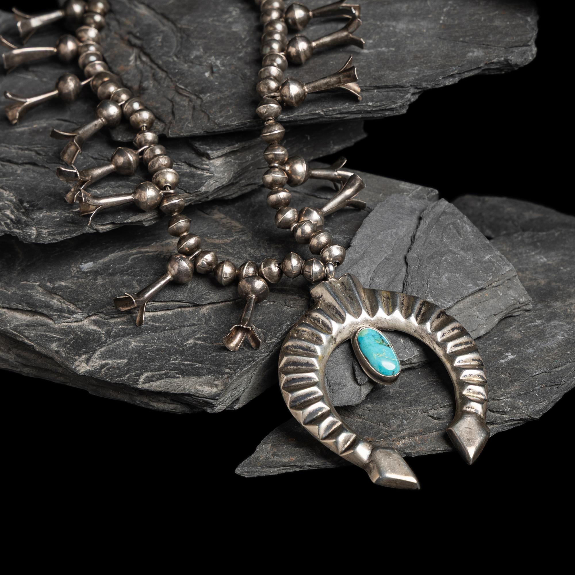 Sadie Randolph (Diné, 20th century) — Silver and Turquoise Squash Blossom Necklace