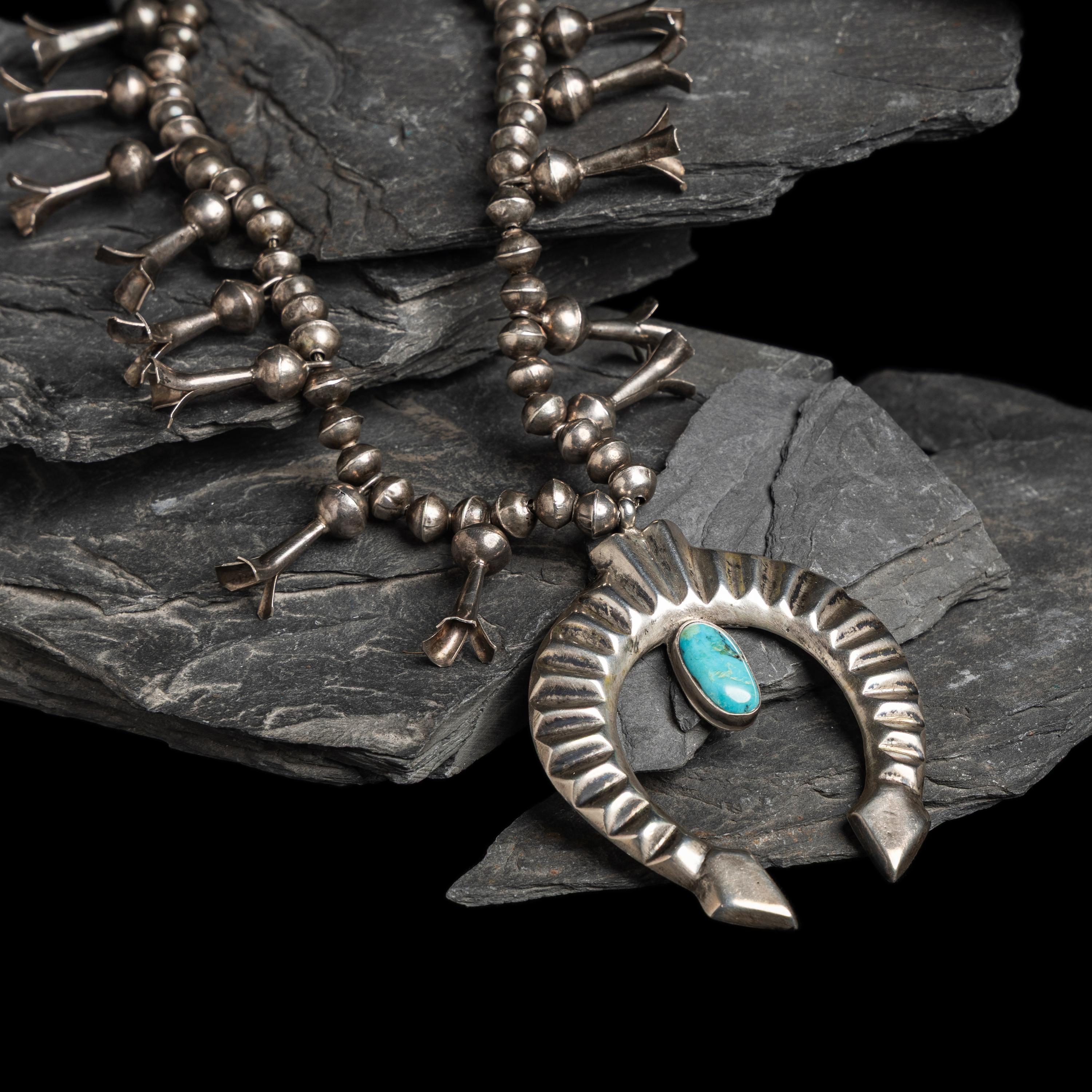 Sadie Randolph (Diné, 20th century) — Silver and Turquoise Squash Blossom Necklace