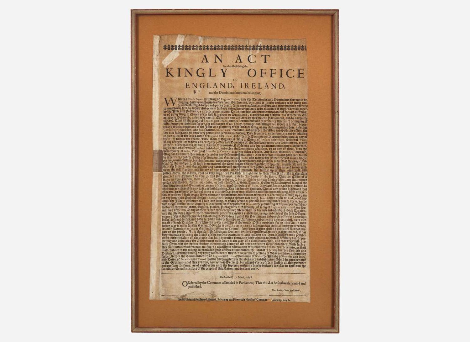 [British Isles] An Act for the Abolishing the Kingly Office in England, Ireland, and the Dominions thereunto belonging