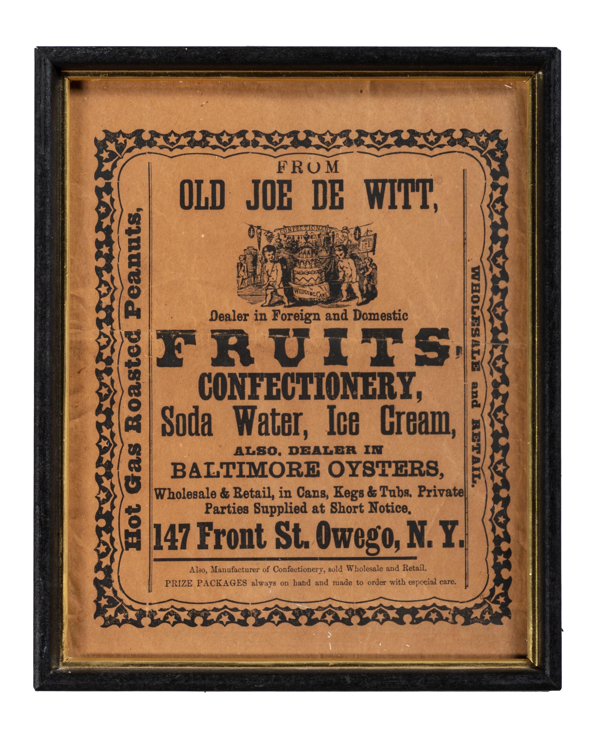 [ADVERTISING] -- [WINE]. A group of 2 broadsides promoting food and beverage, highlighted by advertisement for Jaques Bros.' "Orange County Pure Grape Wines."