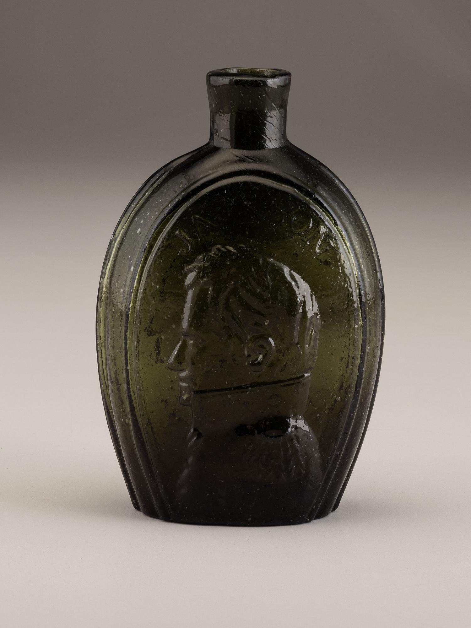 A Molded-Glass Flask in Olive by Coventry Glass Works