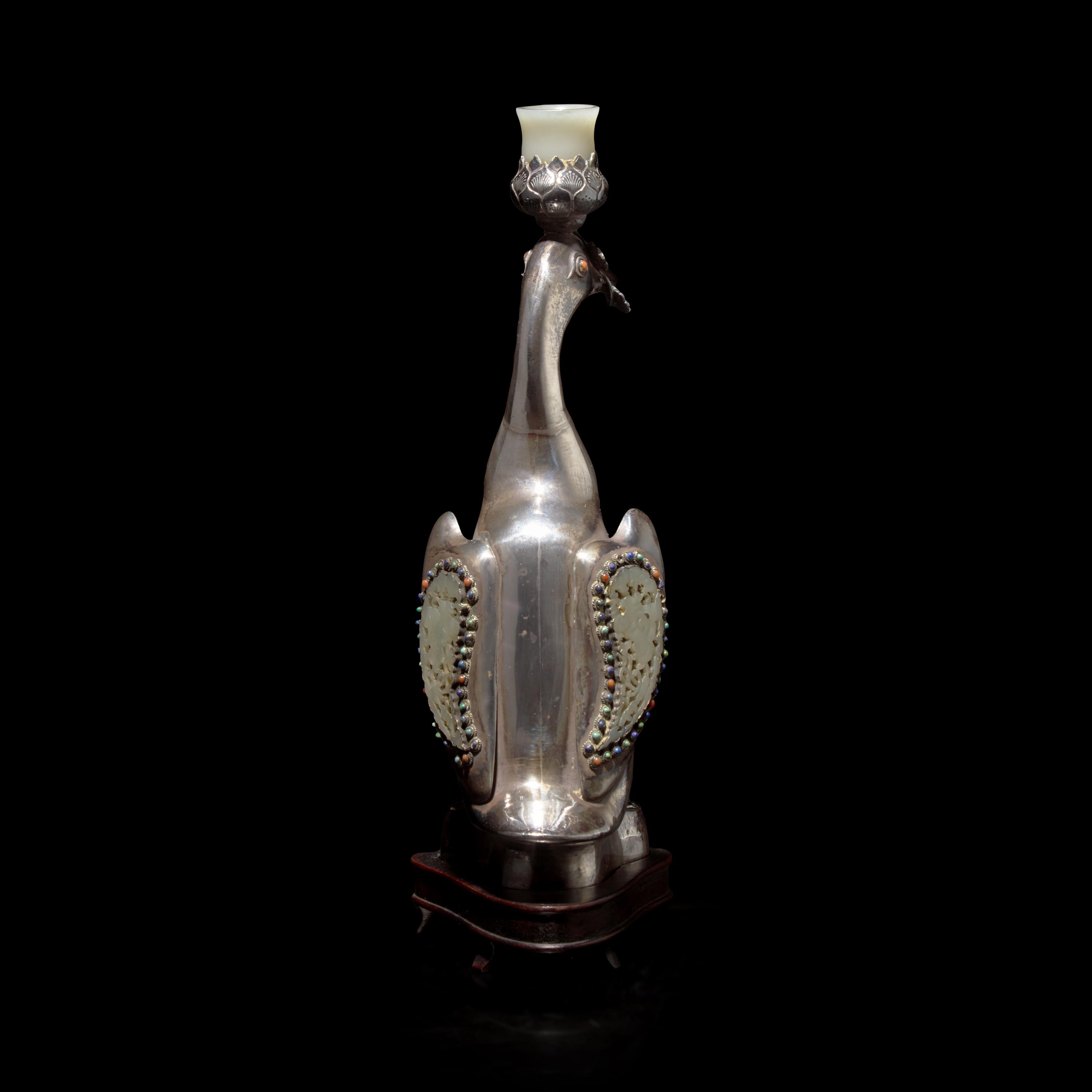 A Chinese Jade and Hardstone Inset Silver 'Duck' Candle Holder, Late 19th-Early 20th Century — 晚清-民國 銀鑲玉嵌寳鴨形燭臺